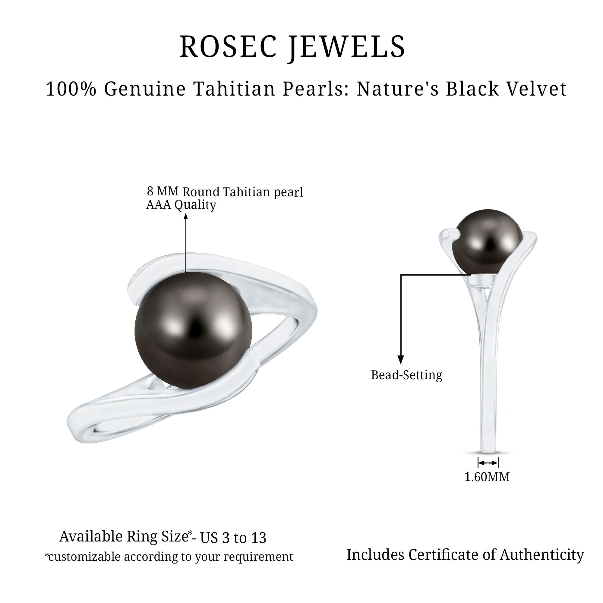Rosec Jewels-Tahitian Black Pearl Solitaire Bypass Engagement Ring