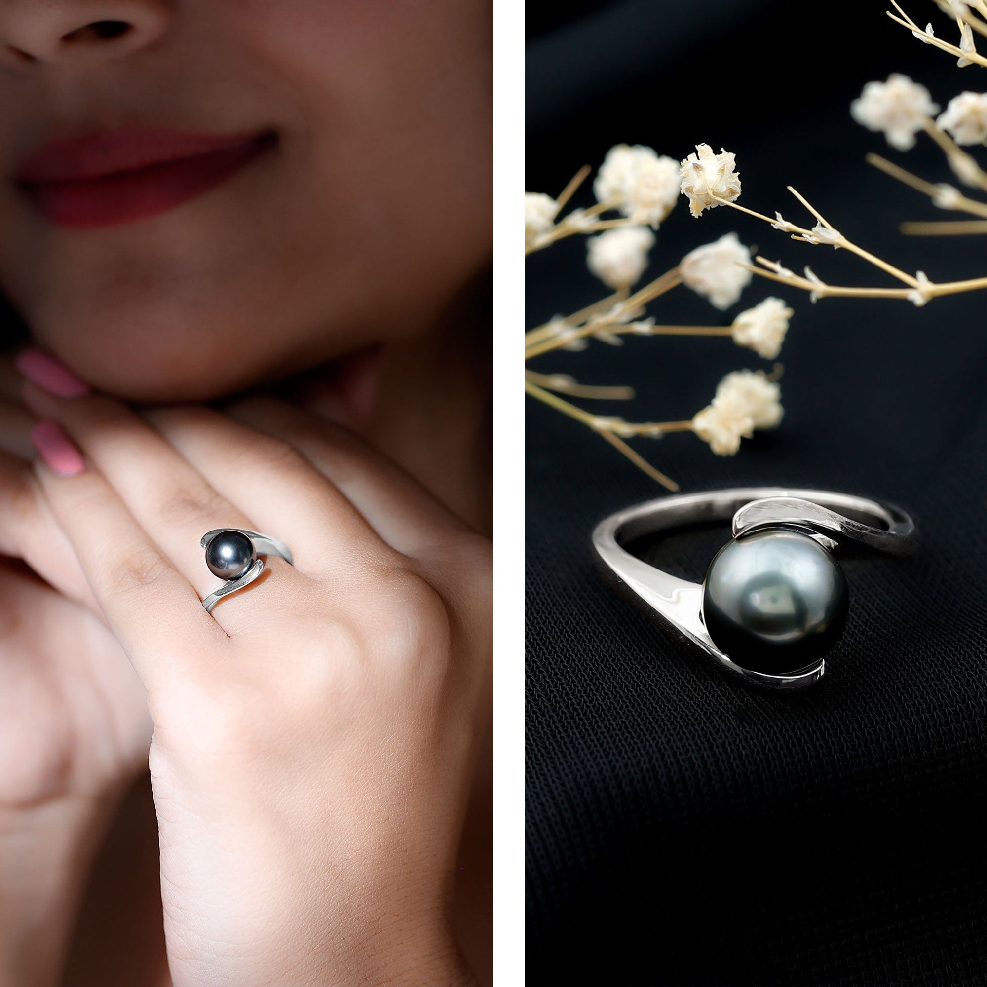 Tahitian Black Pearl Solitaire Bypass Engagement Ring AAA - Rosec Jewels