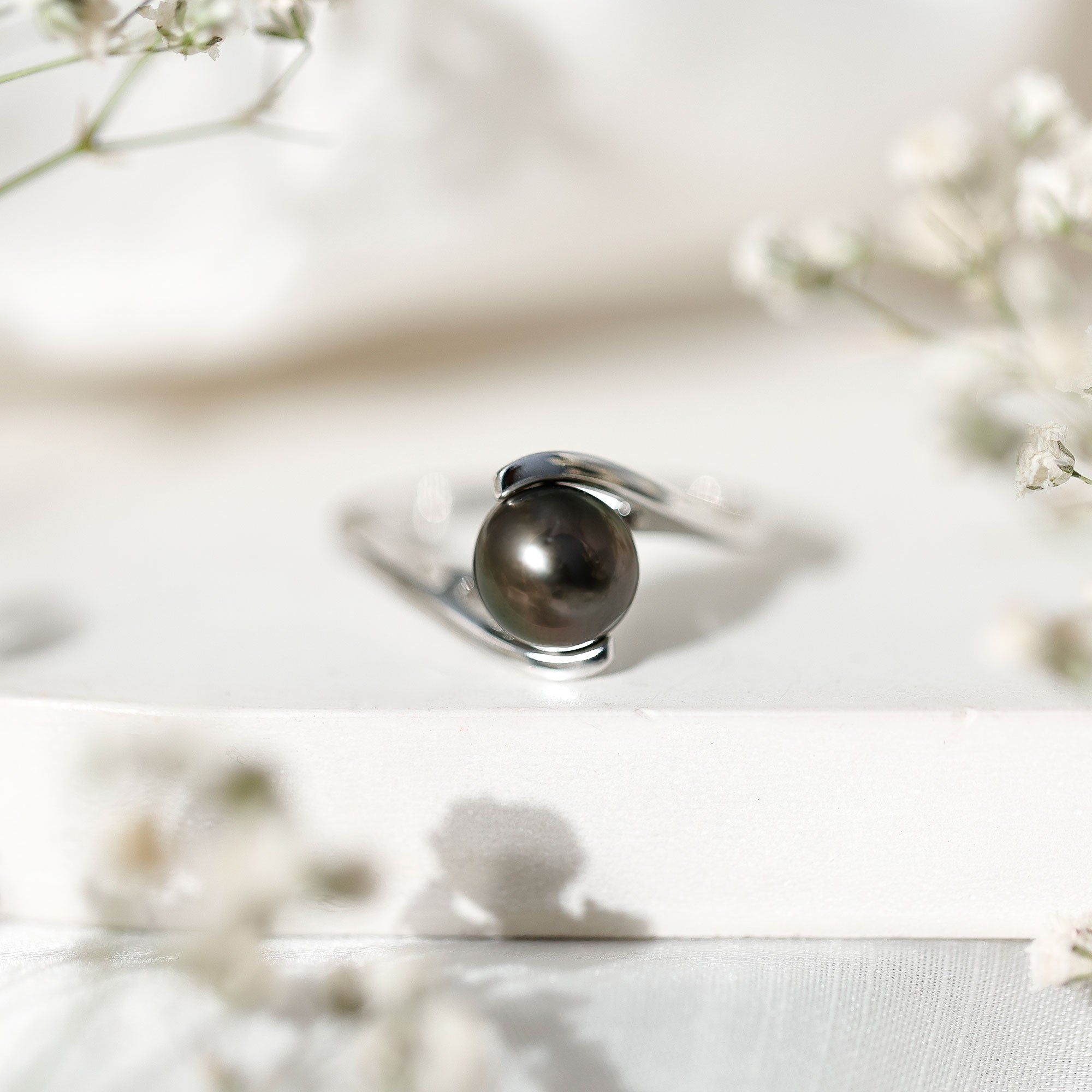 Tahitian Black Pearl Solitaire Bypass Engagement Ring AAA - Rosec Jewels