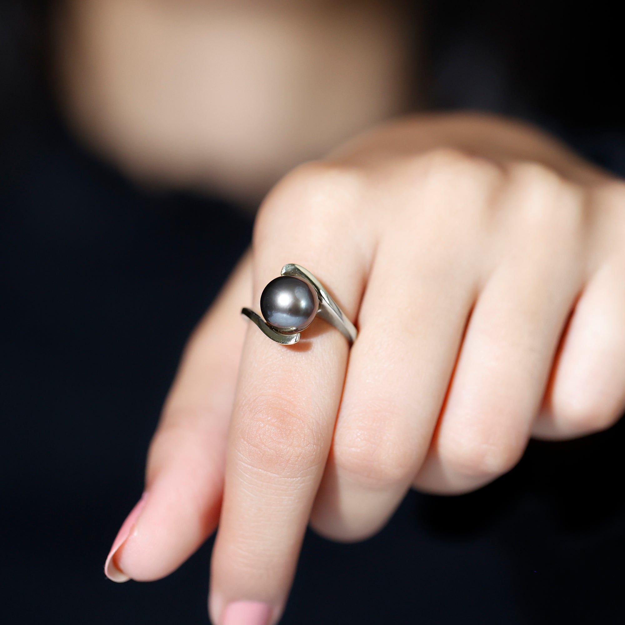 Tahitian Black Pearl Solitaire Bypass Engagement Ring AAA - Rosec Jewels