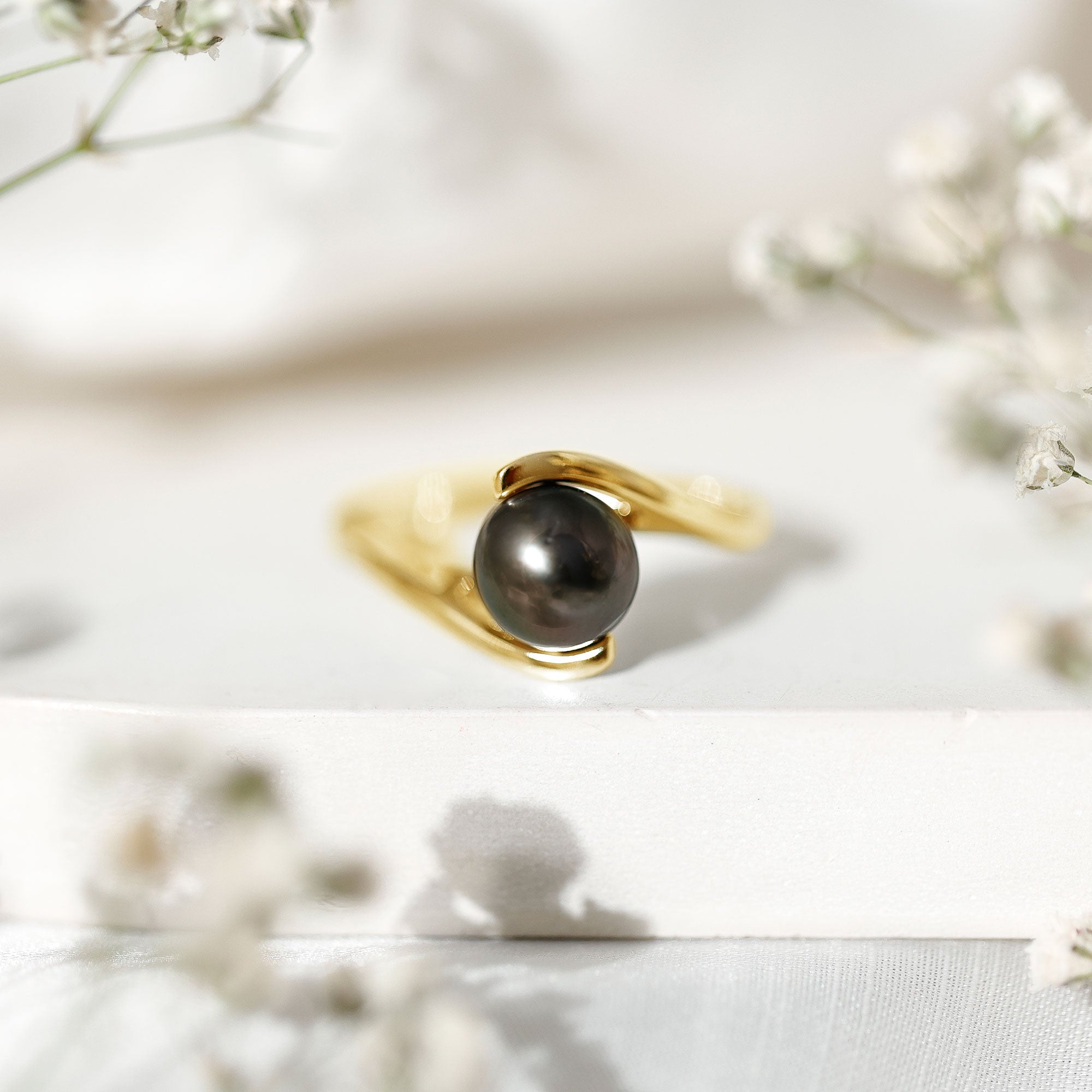 Tahitian Black Pearl Solitaire Bypass Engagement Ring AAA - Rosec Jewels