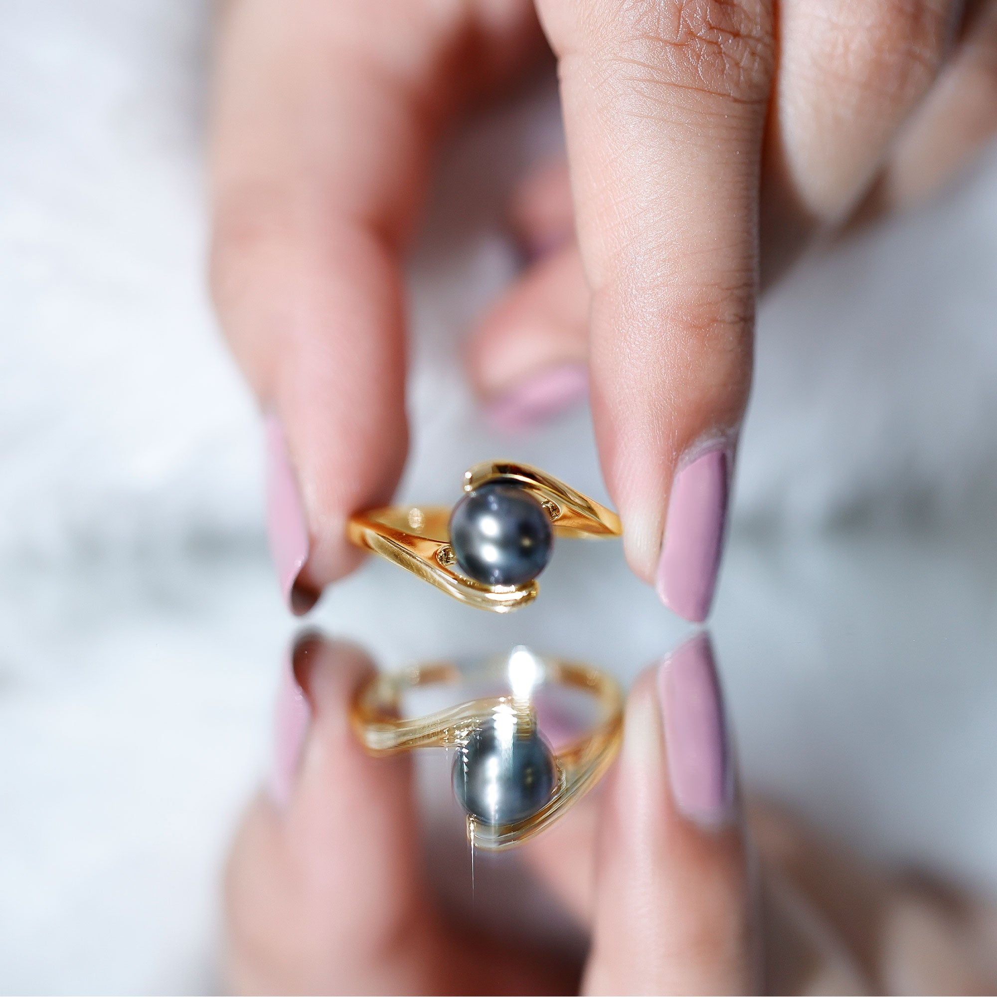 Tahitian Black Pearl Solitaire Bypass Engagement Ring AAA - Rosec Jewels