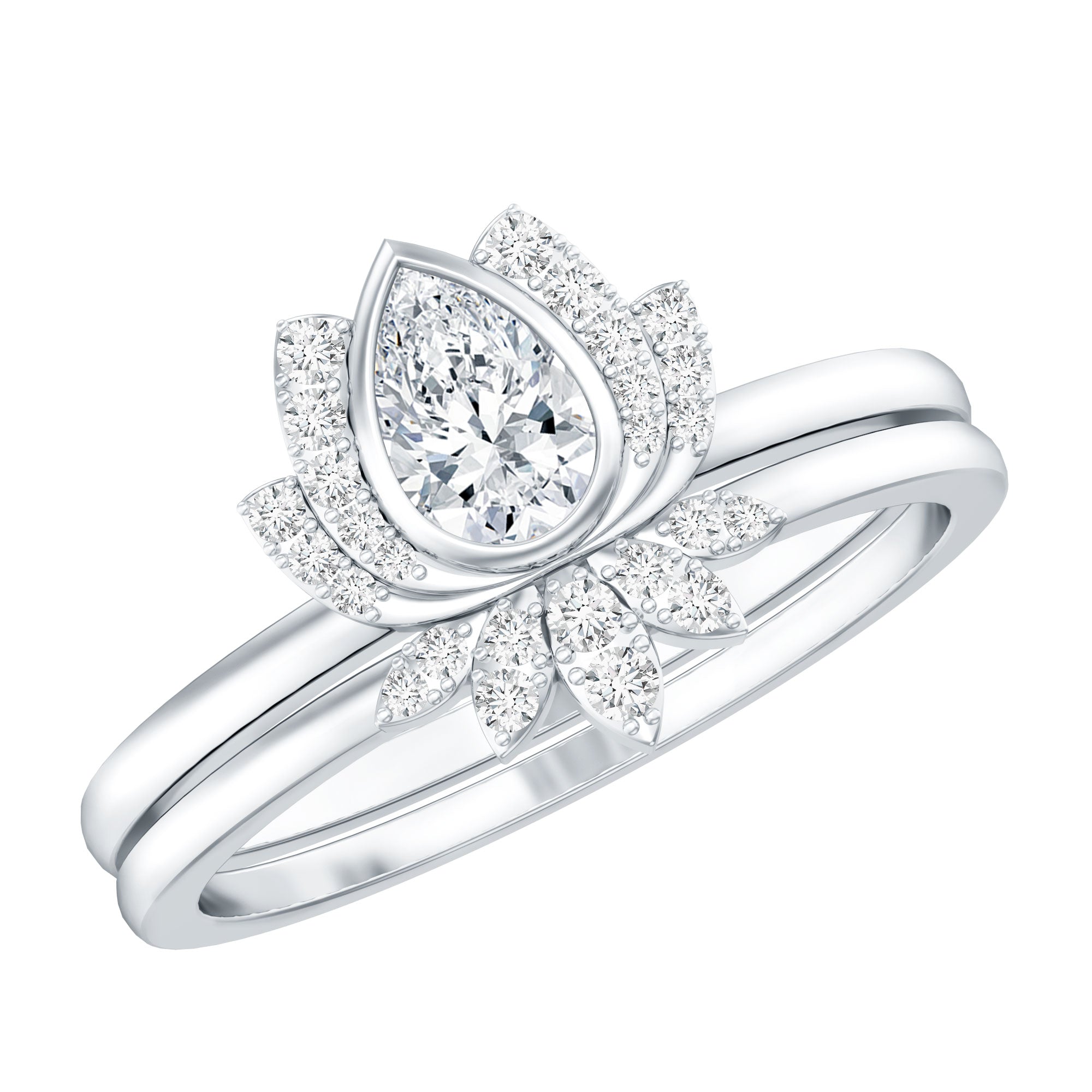 Certified Moissanite Lotus Flower Bridal Ring Set D-VS1 - Rosec Jewels