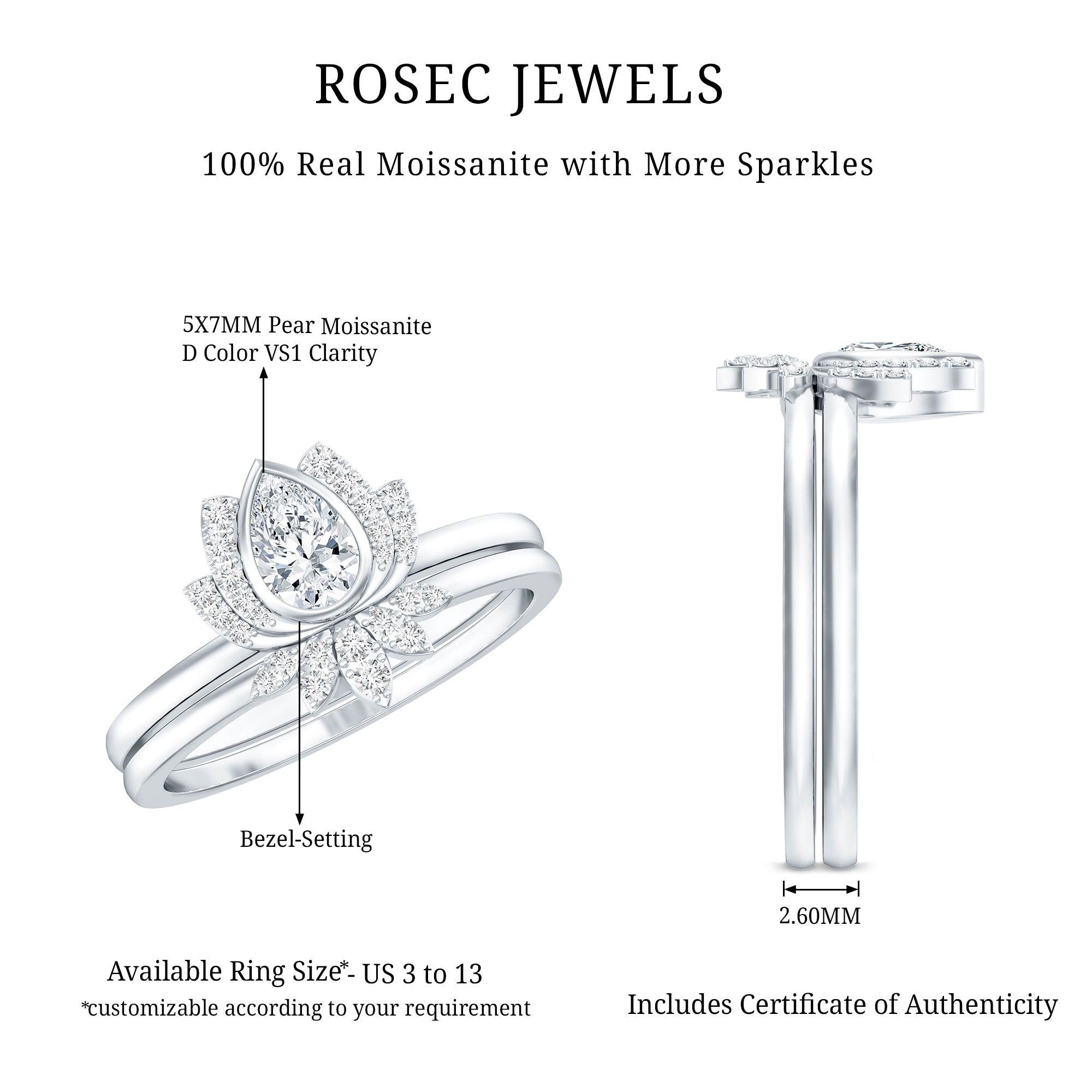 Certified Moissanite Lotus Flower Bridal Ring Set D-VS1 - Rosec Jewels