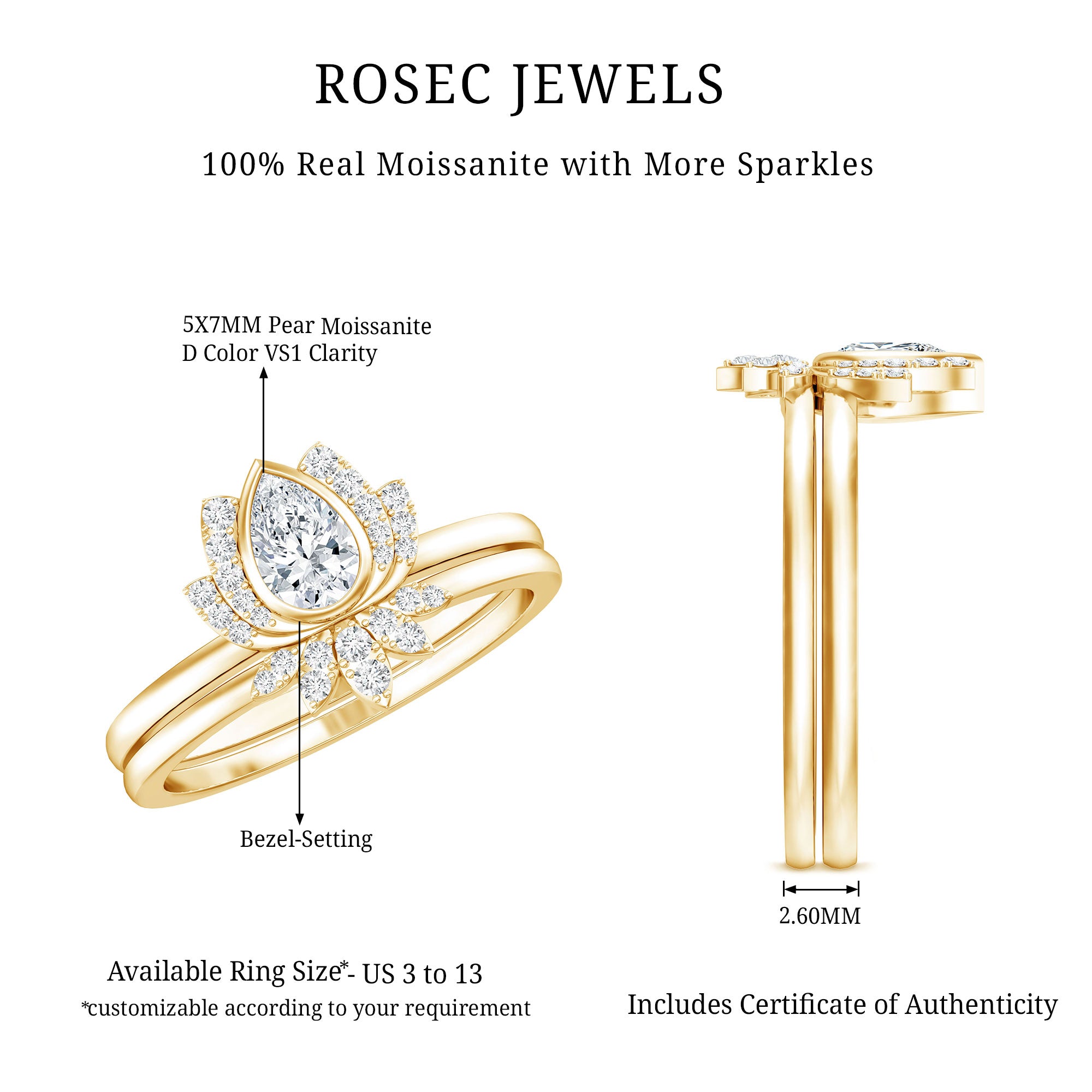 Certified Moissanite Lotus Flower Bridal Ring Set D-VS1 - Rosec Jewels