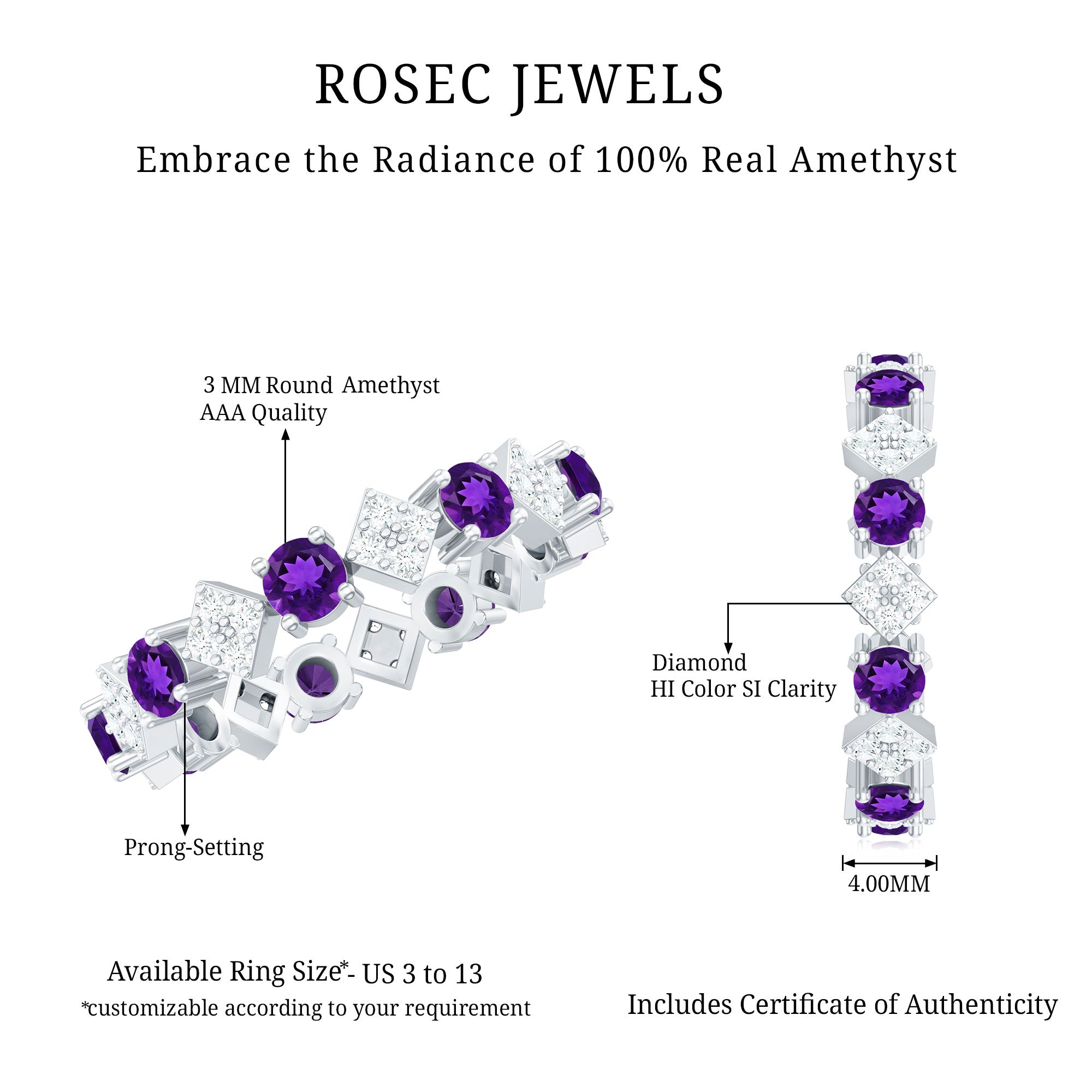 Rosec Jewels-Natural Amethyst Diamond Eternity Ring for Women