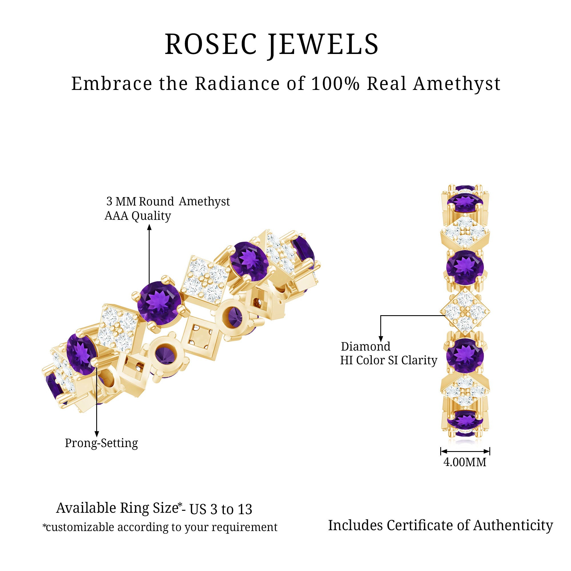 Rosec Jewels-Natural Amethyst Diamond Eternity Ring for Women
