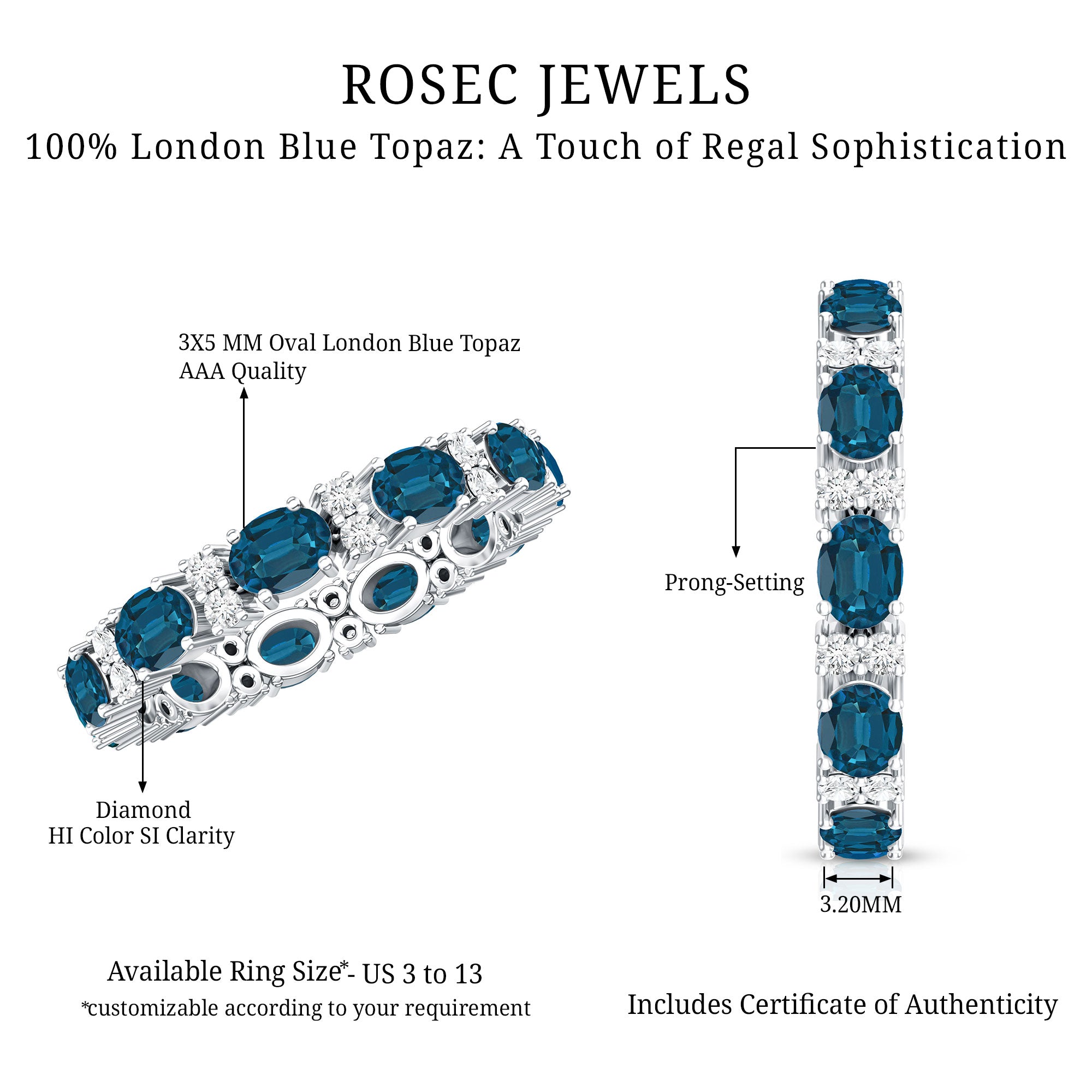 Oval Cut London Blue Topaz Full Eternity Band with Diamond AAA - Rosec Jewels
