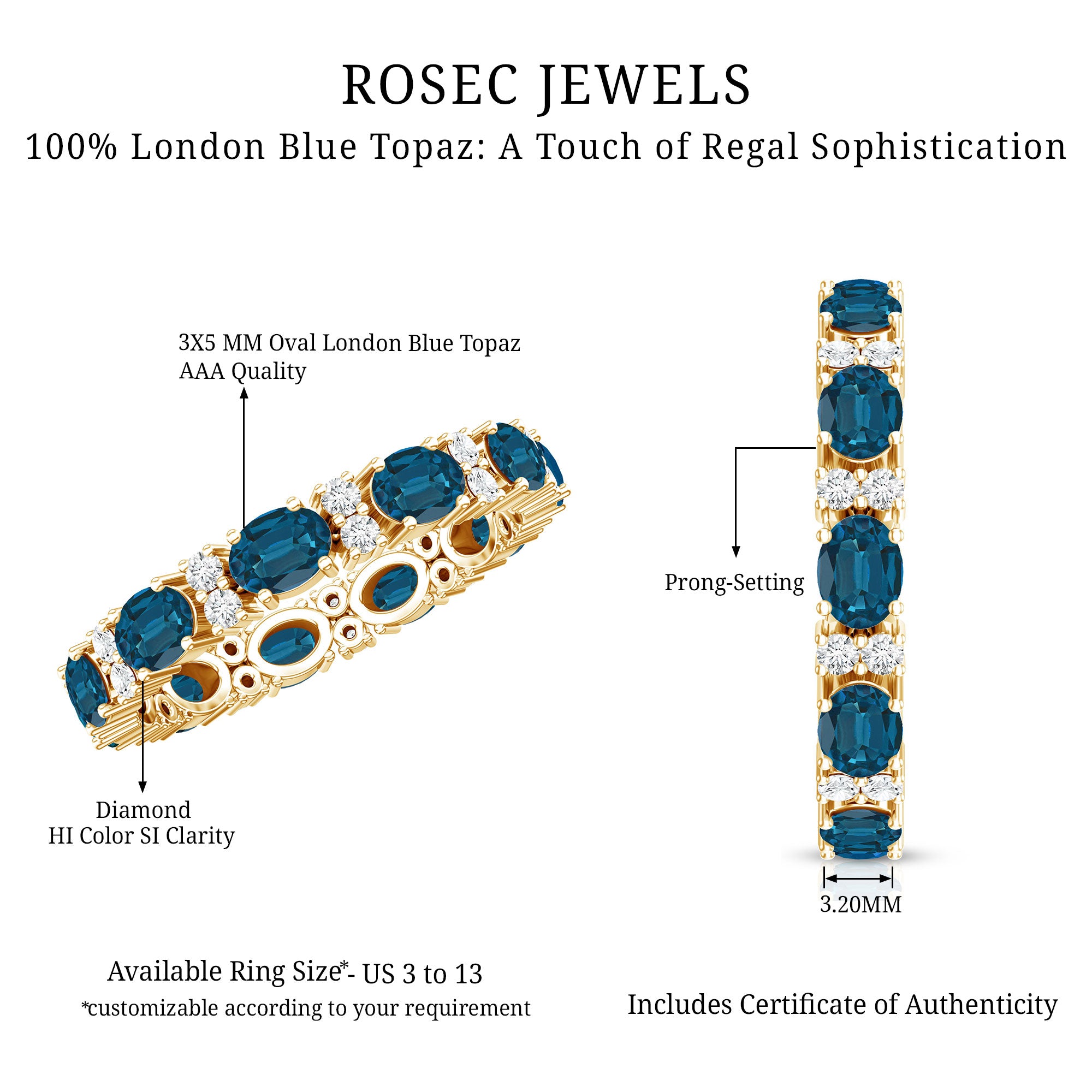 Oval Cut London Blue Topaz Full Eternity Band with Diamond AAA - Rosec Jewels