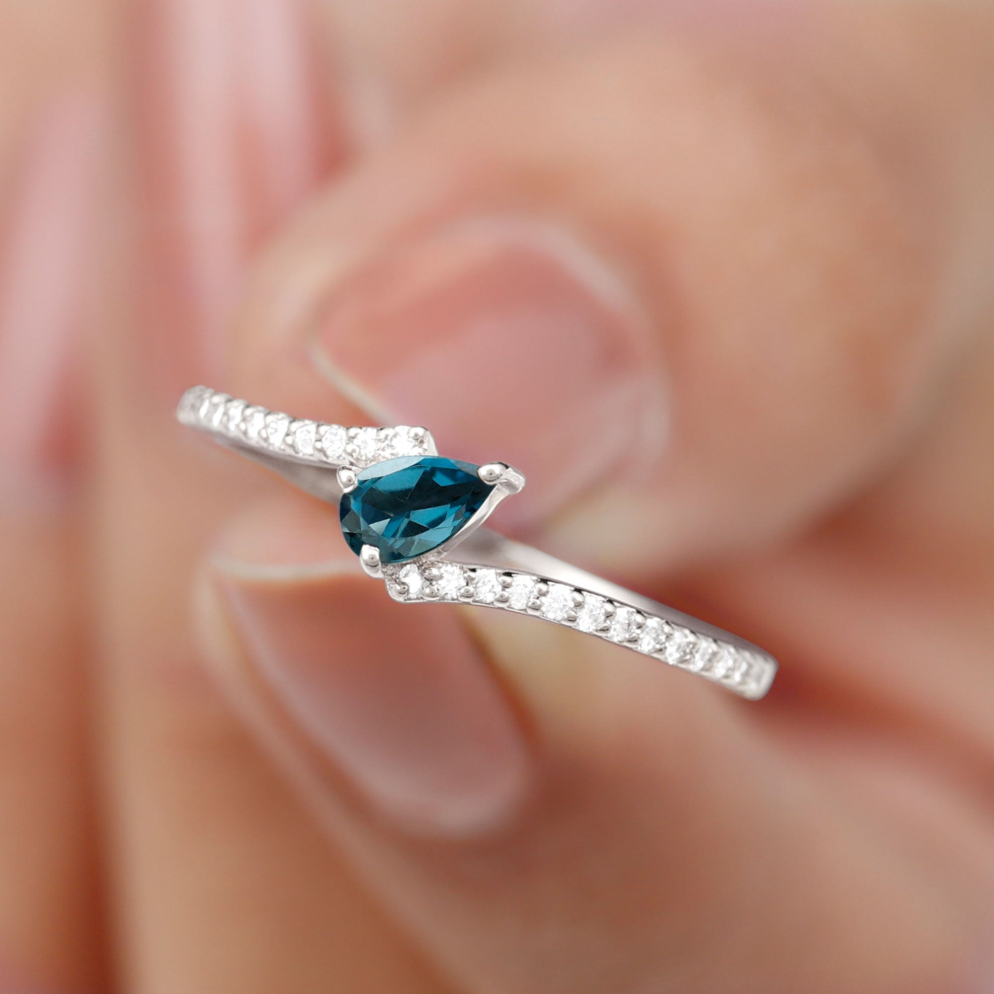 Genuine London Blue Topaz Promise Ring with Diamond AAA - Rosec Jewels