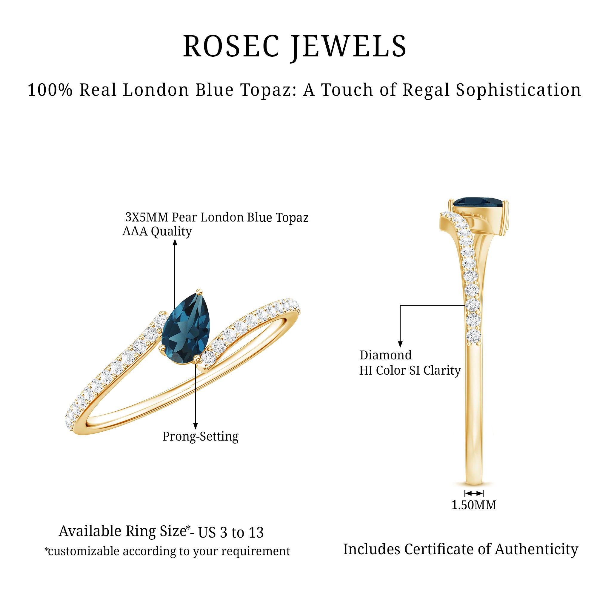 Genuine London Blue Topaz Promise Ring with Diamond AAA - Rosec Jewels