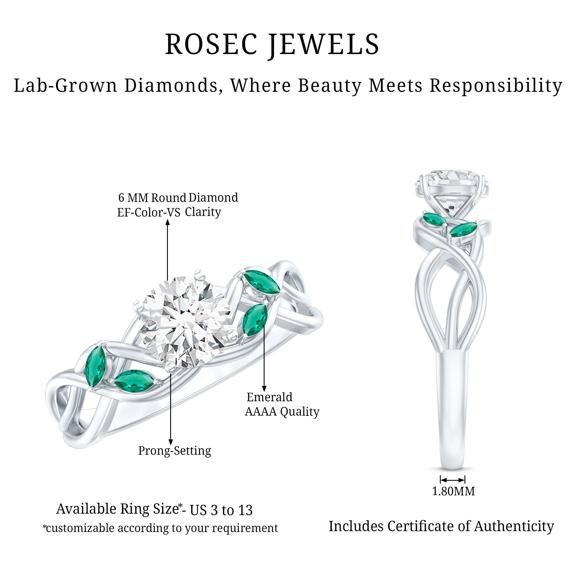 Rosec Jewels-Lab Grown Diamond Engagement Ring With Emerald
