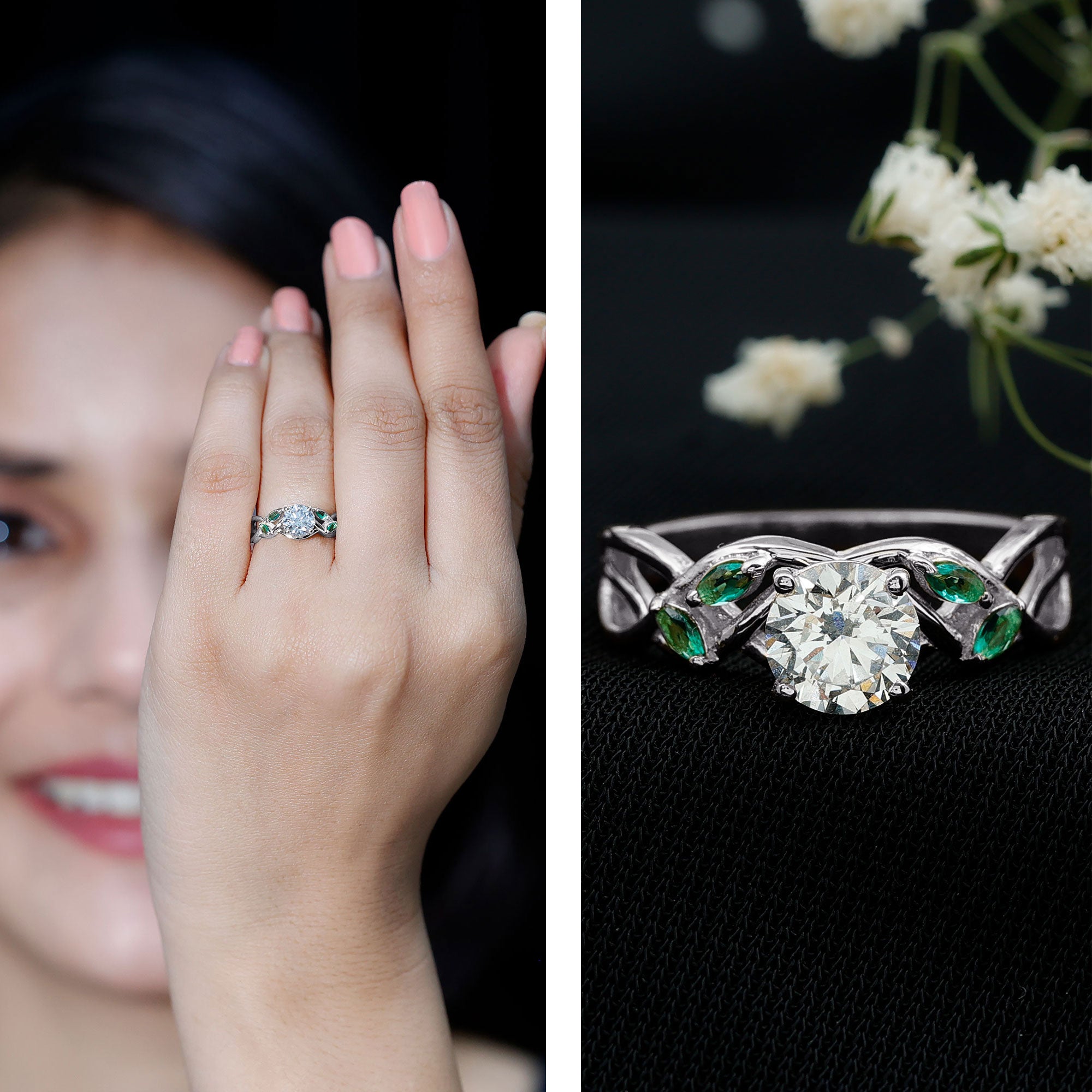 Rosec Jewels-Lab Grown Diamond Engagement Ring With Emerald