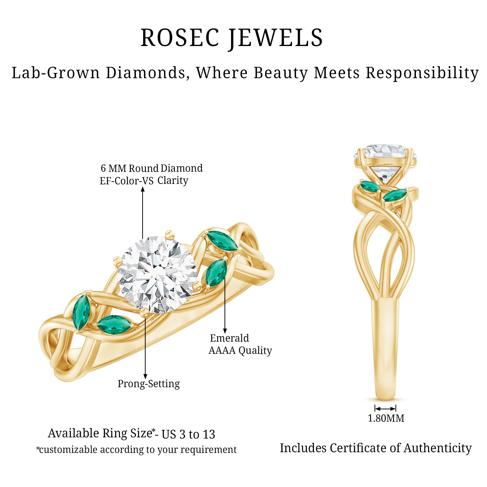 Rosec Jewels-Lab Grown Diamond Engagement Ring With Emerald