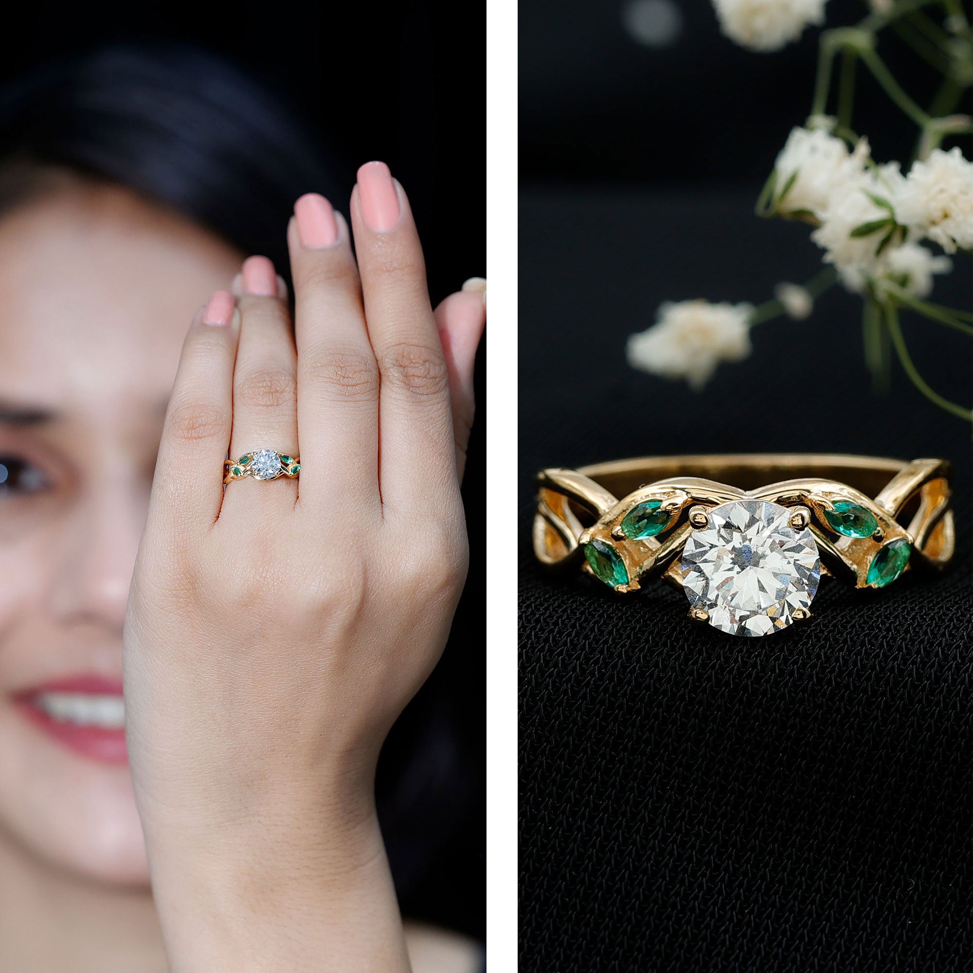 Rosec Jewels-Lab Grown Diamond Engagement Ring With Emerald