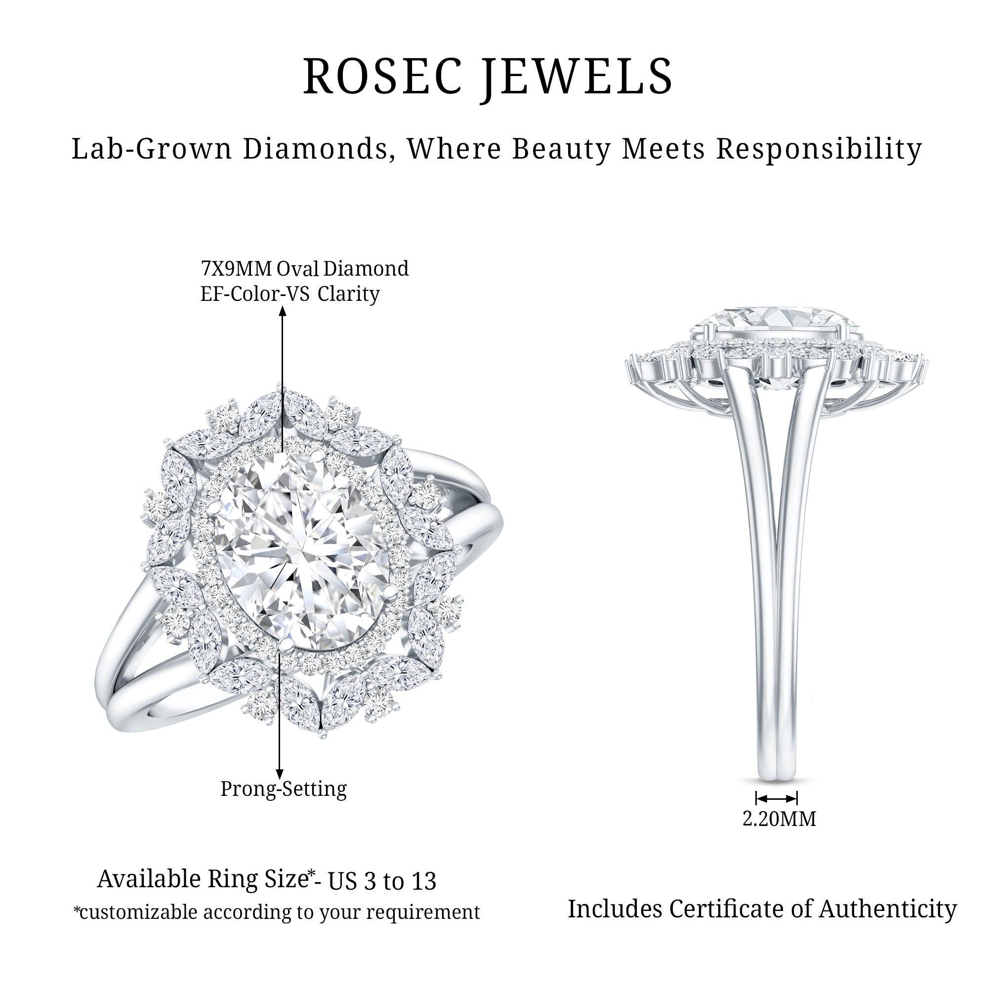 Certified Oval Cut Lab Diamond Statement Engagement Ring Lab - ( EF-VS ) - Rosec Jewels