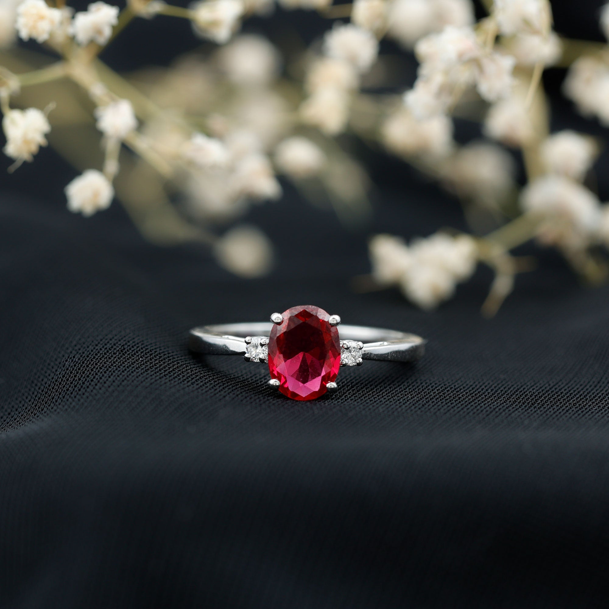 Classic Lab Grown Ruby Oval Engagement Ring With Diamond AAAA - Rosec Jewels