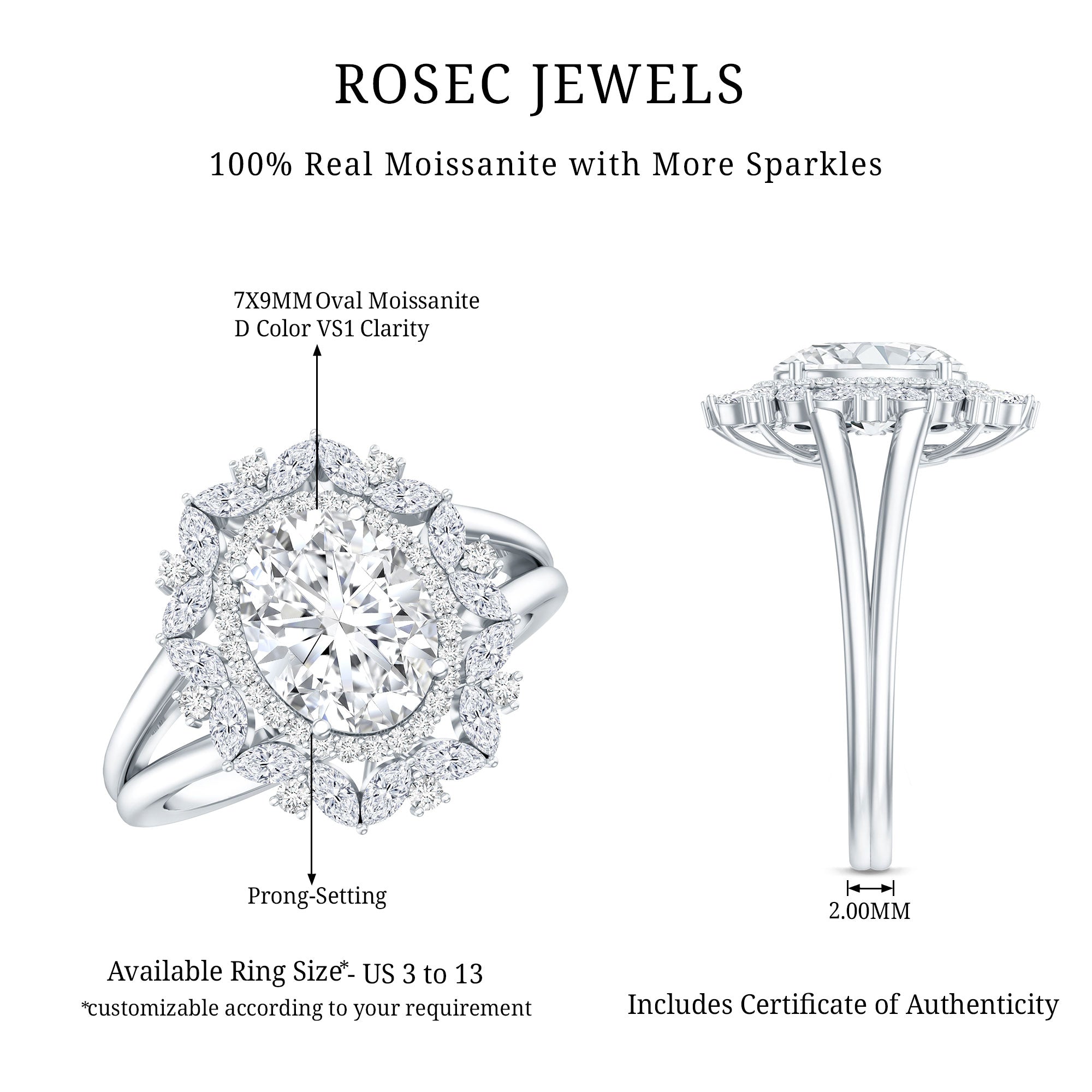 Oval Cut 2 Carat Moissanite Double Halo Engagement Ring D-VS1 - Rosec Jewels