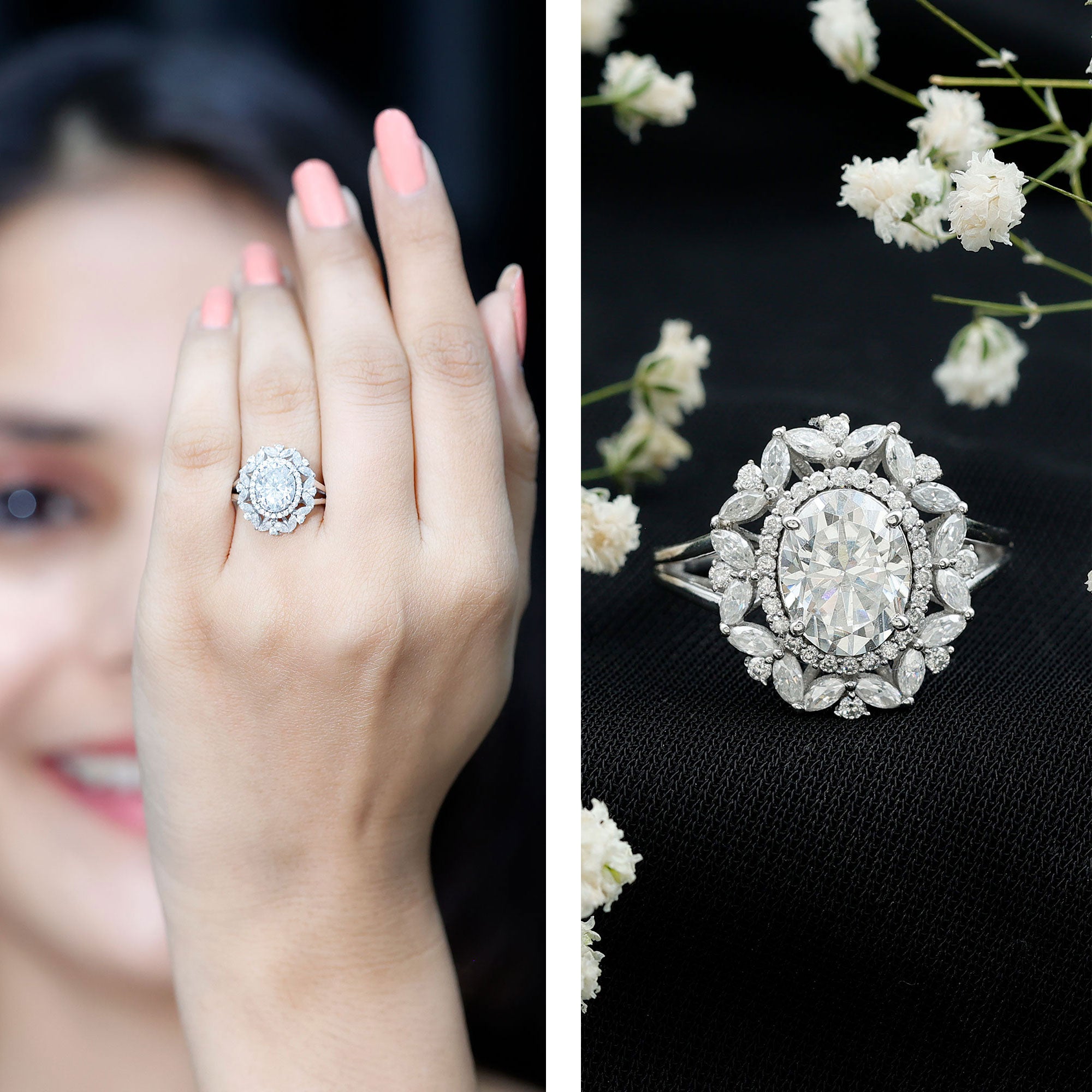 Oval Cut 2 Carat Moissanite Double Halo Engagement Ring D-VS1 - Rosec Jewels