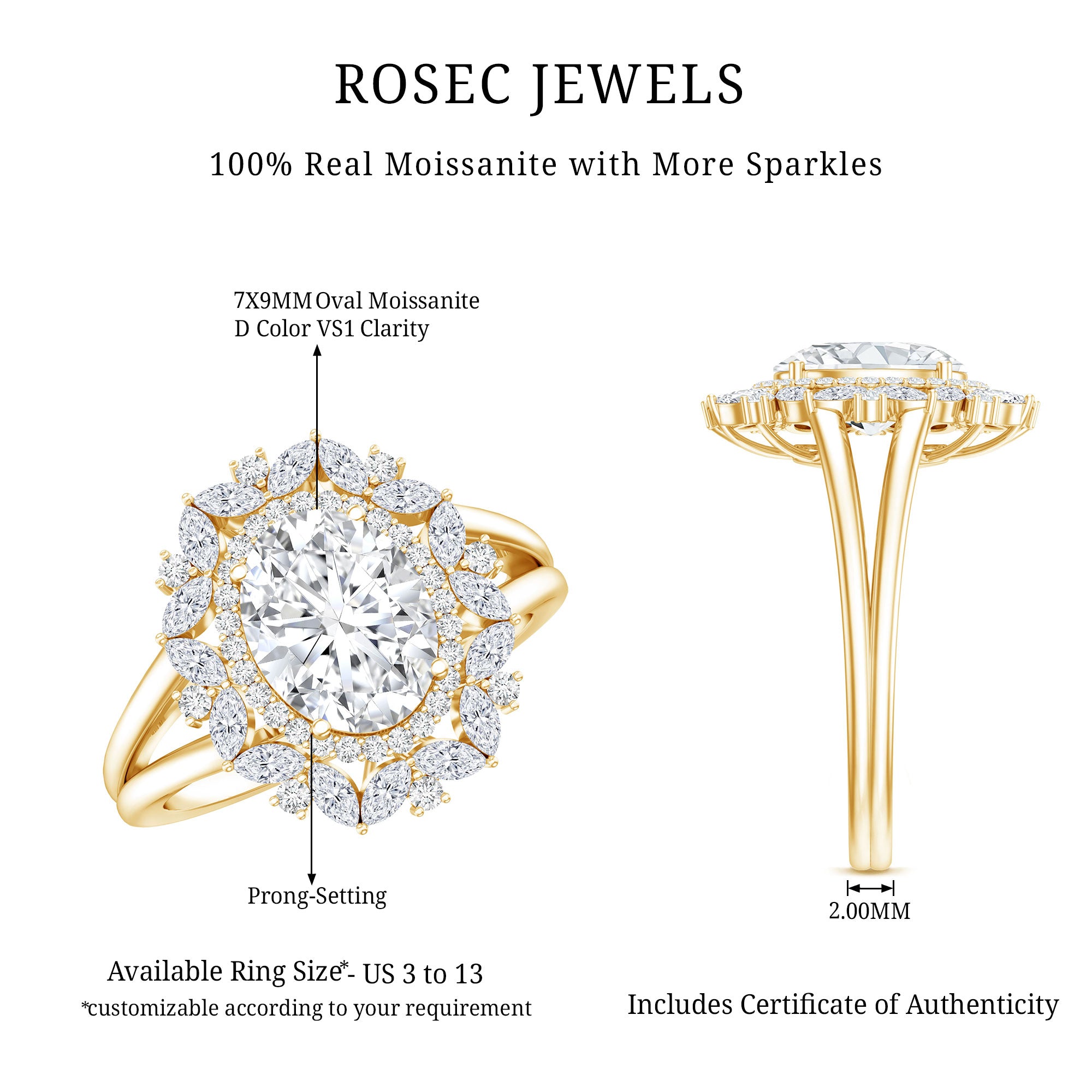 Oval Cut 2 Carat Moissanite Double Halo Engagement Ring D-VS1 - Rosec Jewels