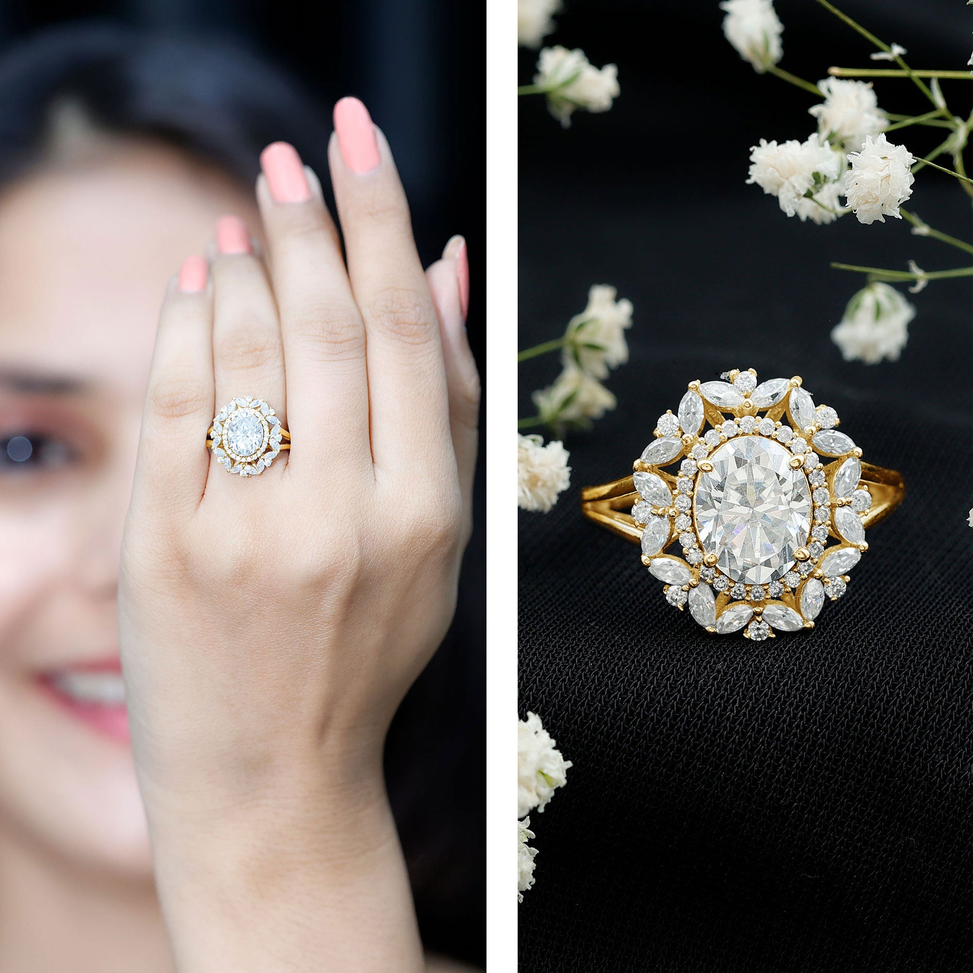 Oval Cut 2 Carat Moissanite Double Halo Engagement Ring D-VS1 - Rosec Jewels