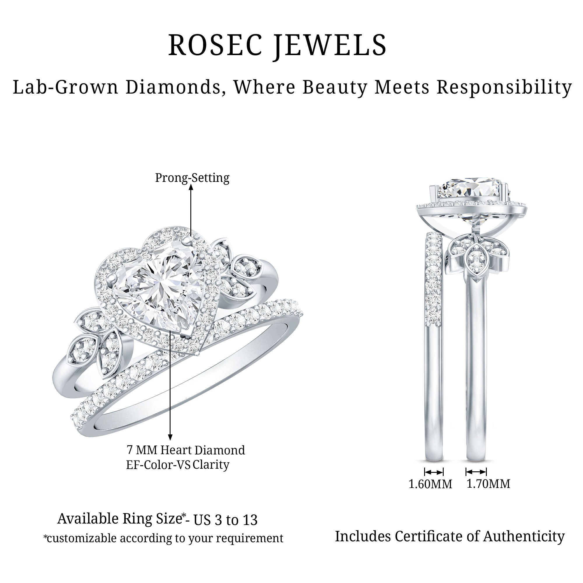 Certified 1.25 Carat Lab Grown Diamond Heart Wedding Ring Set for Women Lab - ( EF-VS ) - Rosec Jewels