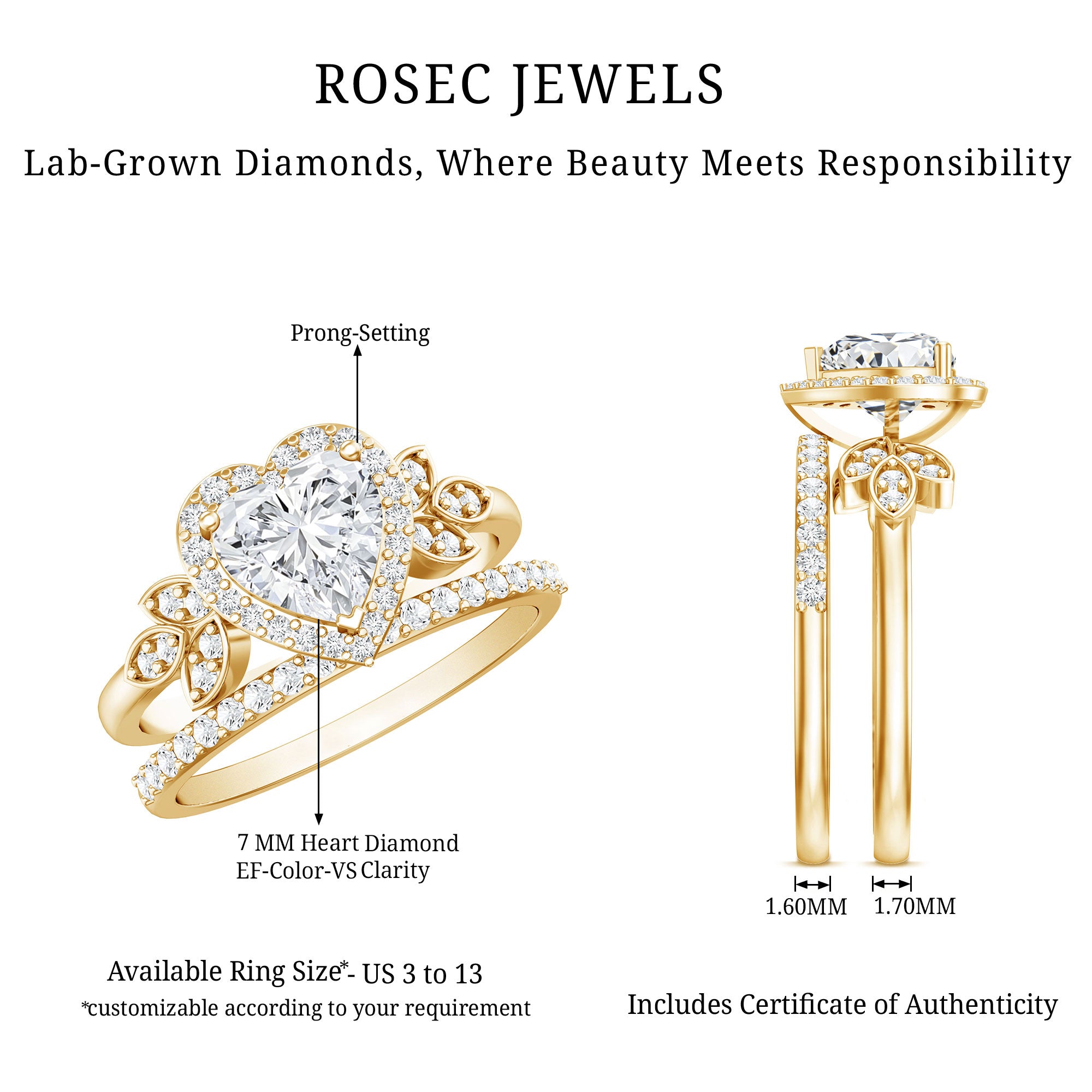 Certified 1.25 Carat Lab Grown Diamond Heart Wedding Ring Set for Women Lab - ( EF-VS ) - Rosec Jewels