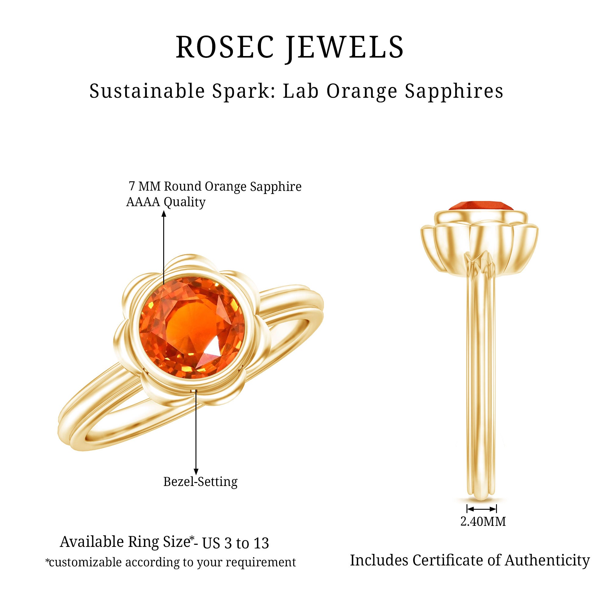 Rosec Jewels-1.5 Carat Lab Grown Orange Sapphire Bezel Set Engagement Ring