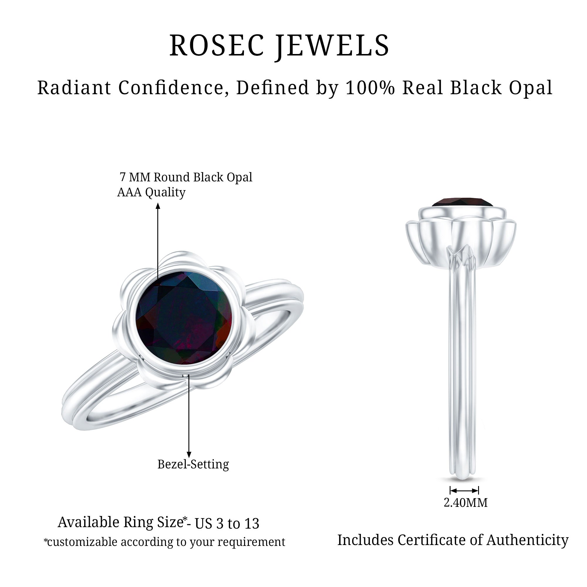 Rosec Jewels-1.5 Carat Round Cut Black Opal Solitaire Engagement Ring in Bezel Setting