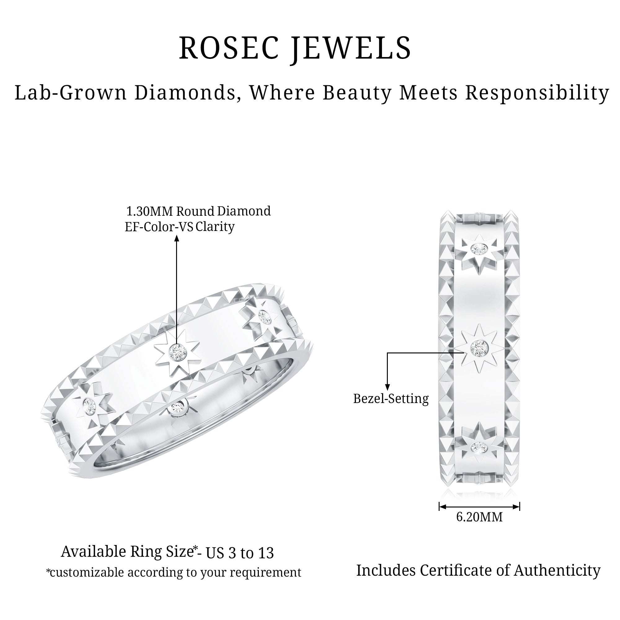Vintage Inspired Lab Grown Diamond Starburst Wedding Band Lab - ( EF-VS ) - Rosec Jewels