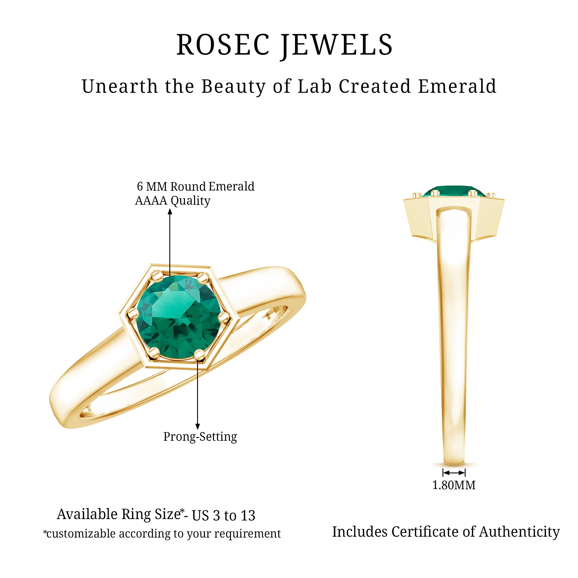 Rosec Jewels-Certified 0.8 Carat Lab Created Emerald Solitaire Engagement Ring