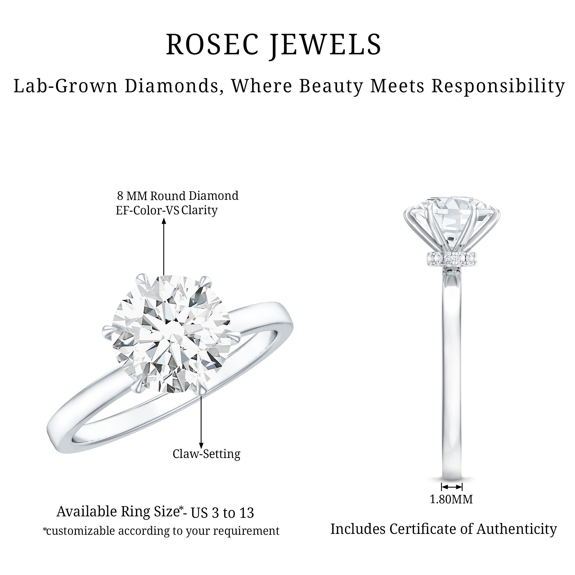2 Carat Lab Grown Diamond Solitaire Engagement Ring with Hidden Halo Lab - ( EF-VS ) - Rosec Jewels
