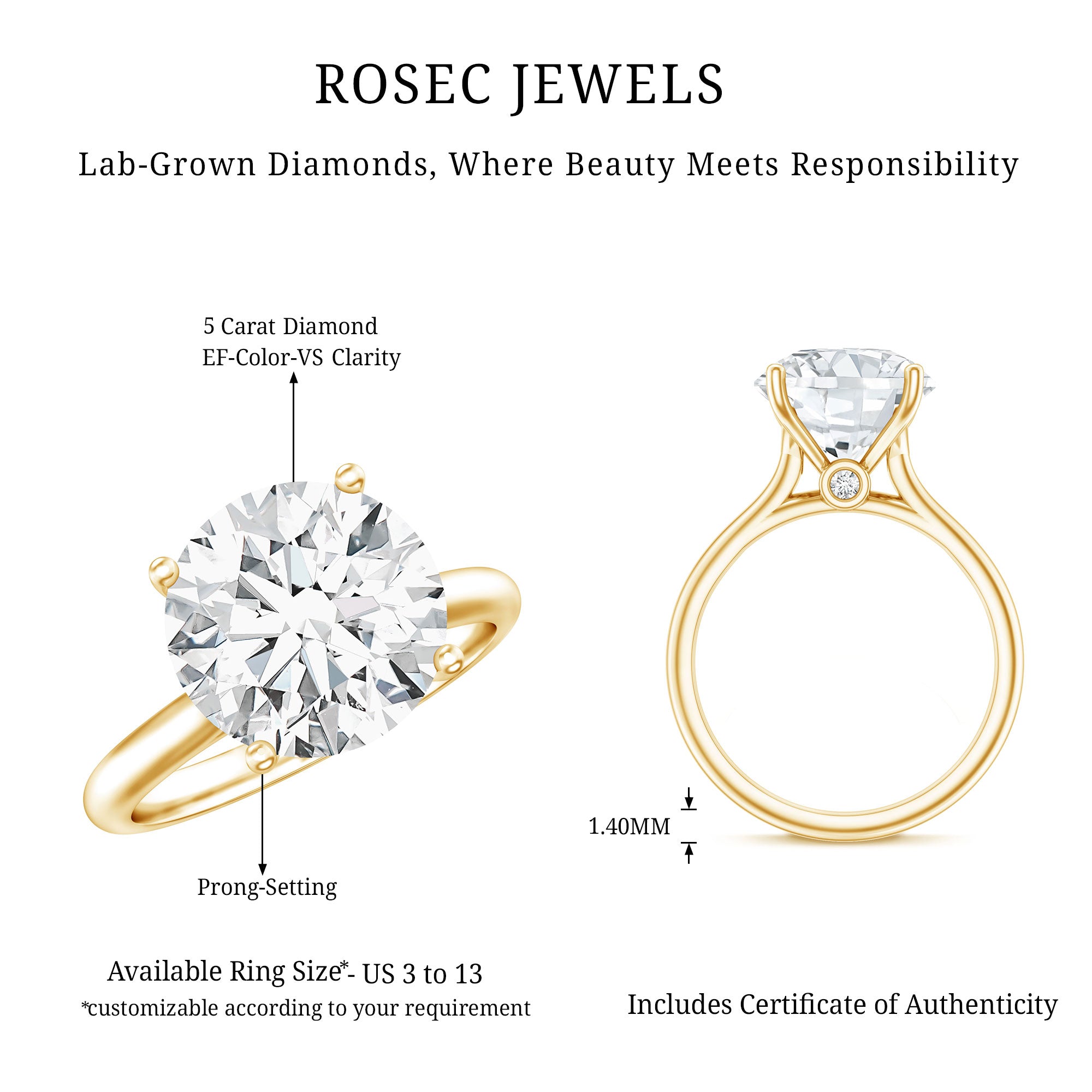 Lab Grown Diamond 5 Carat Engagement Ring with IGI Certificate Lab - ( E-VS1 ) - Rosec Jewels
