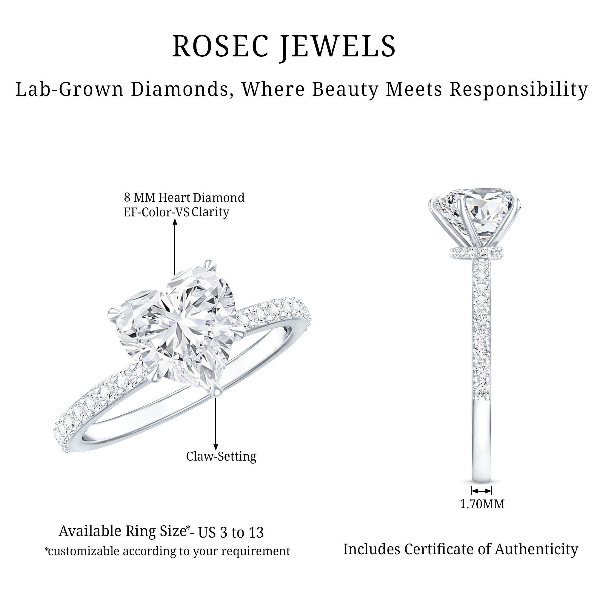 2 Carat Lab Grown Diamond Heart Engagement Ring for Her Lab - ( EF-VS ) - Rosec Jewels