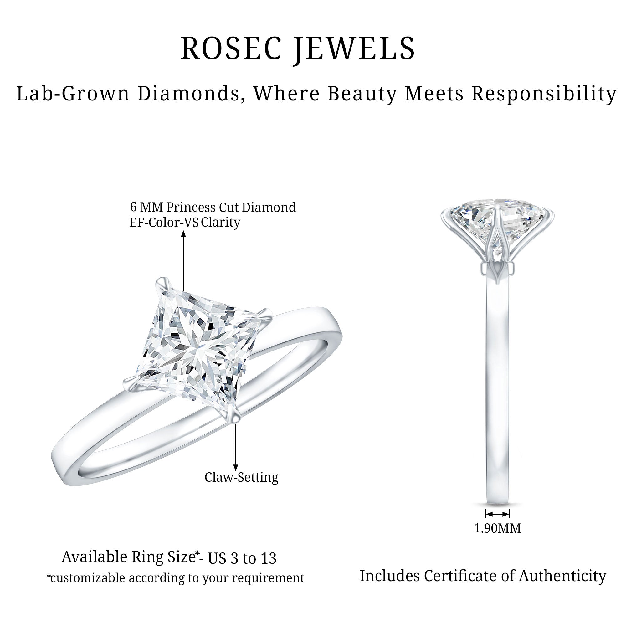 1.25 CT Princess Cut Lab Grown Diamond Solitaire Engagement Ring Lab - ( EF-VS ) - Rosec Jewels