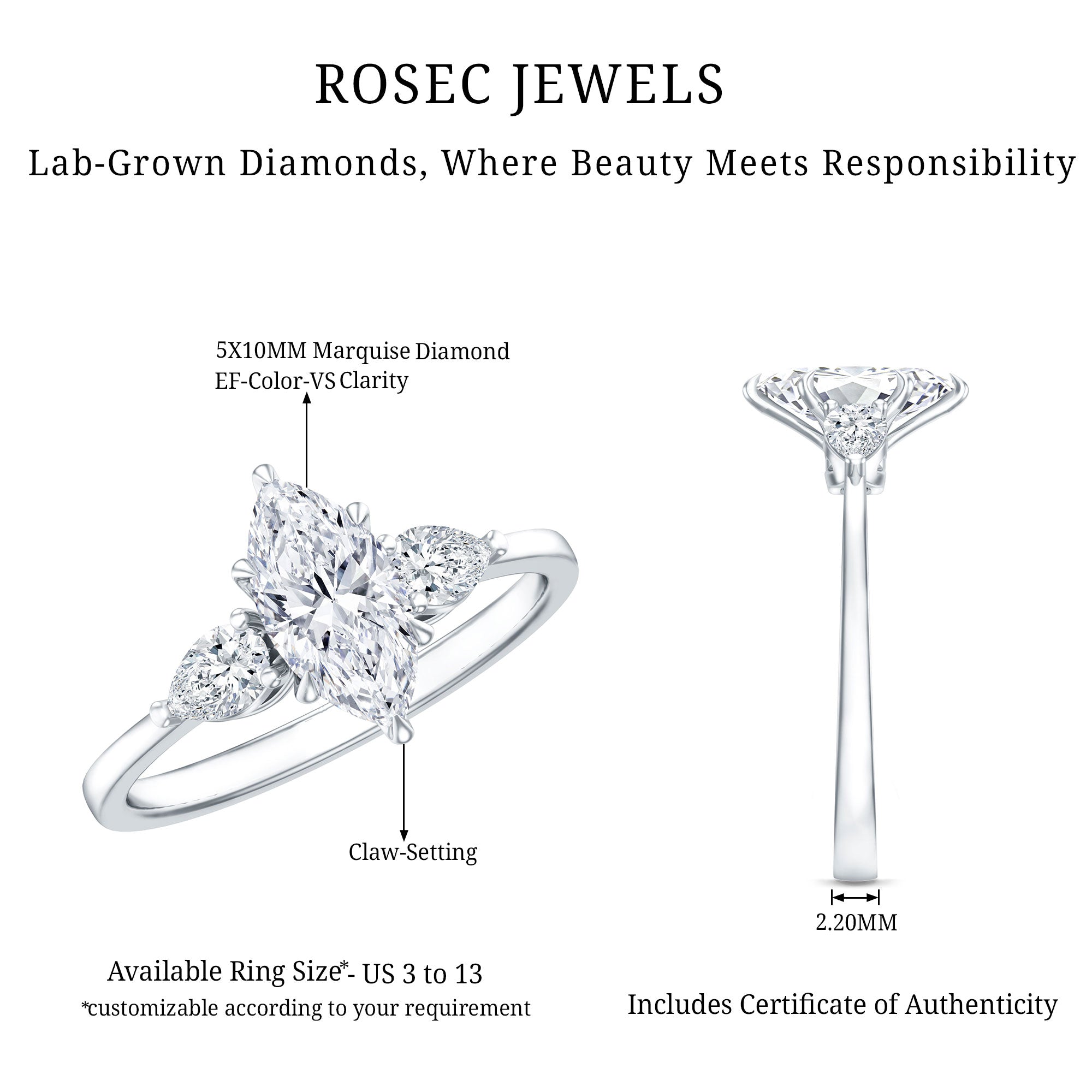 Certified Lab Grown Diamond Three Stone Engagement Ring for Women Lab - ( EF-VS ) - Rosec Jewels