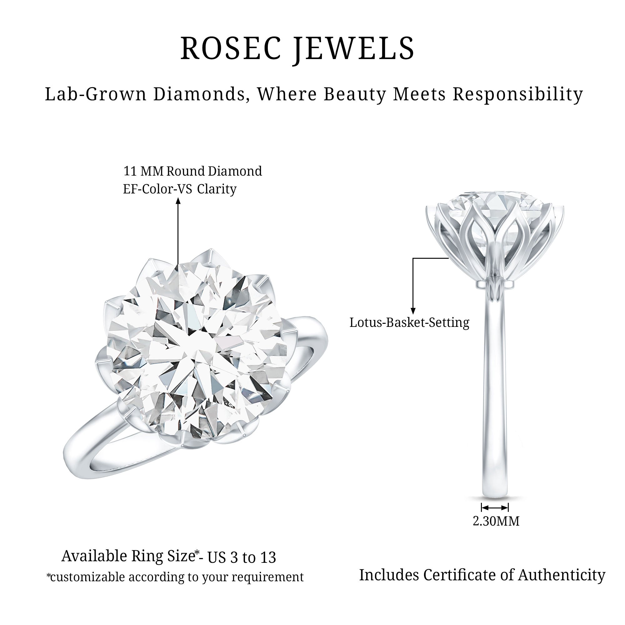 5 Carat Lab Diamond Solitaire Engagement Ring with IGI Certificate Lab - ( E-VS1 ) - Rosec Jewels