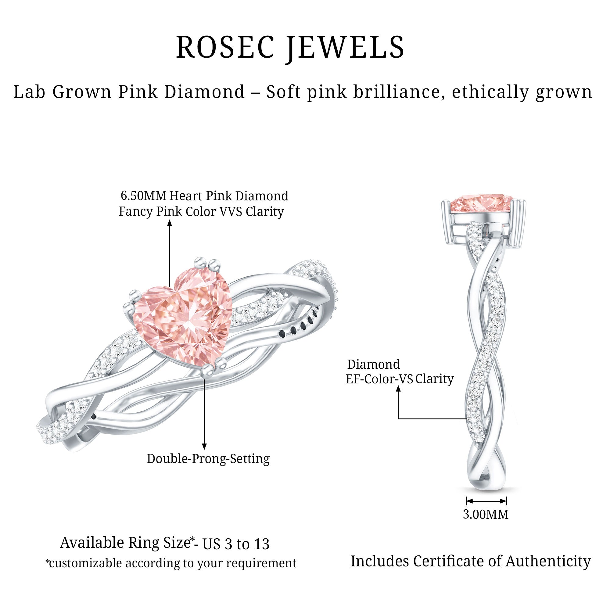 1 CT IGI Certified Lab Grown Pink Diamond Heart Engagement Ring with Crossover Shank VVS - Rosec Jewels