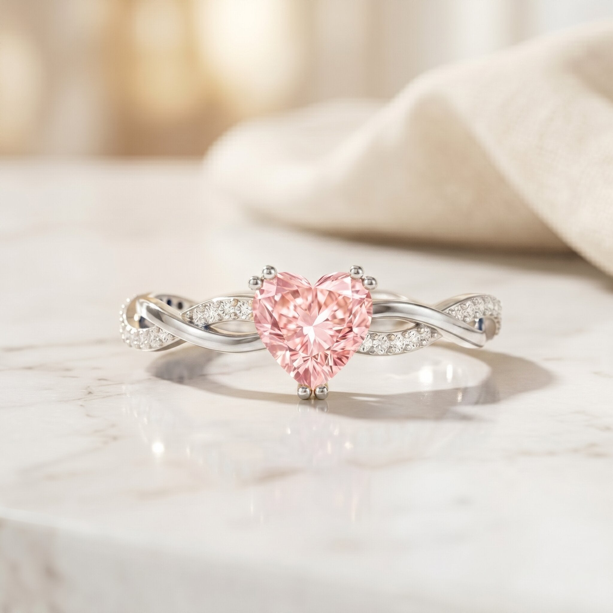 1 CT IGI Certified Lab Grown Pink Diamond Heart Engagement Ring with Crossover Shank VVS - Rosec Jewels