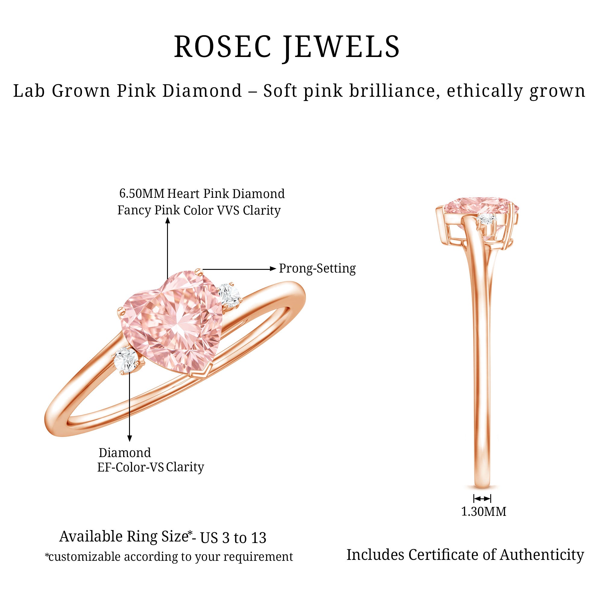 IGI Certified 1 CT Lab Grown Pink Diamond Heart Promise Ring VVS - Rosec Jewels