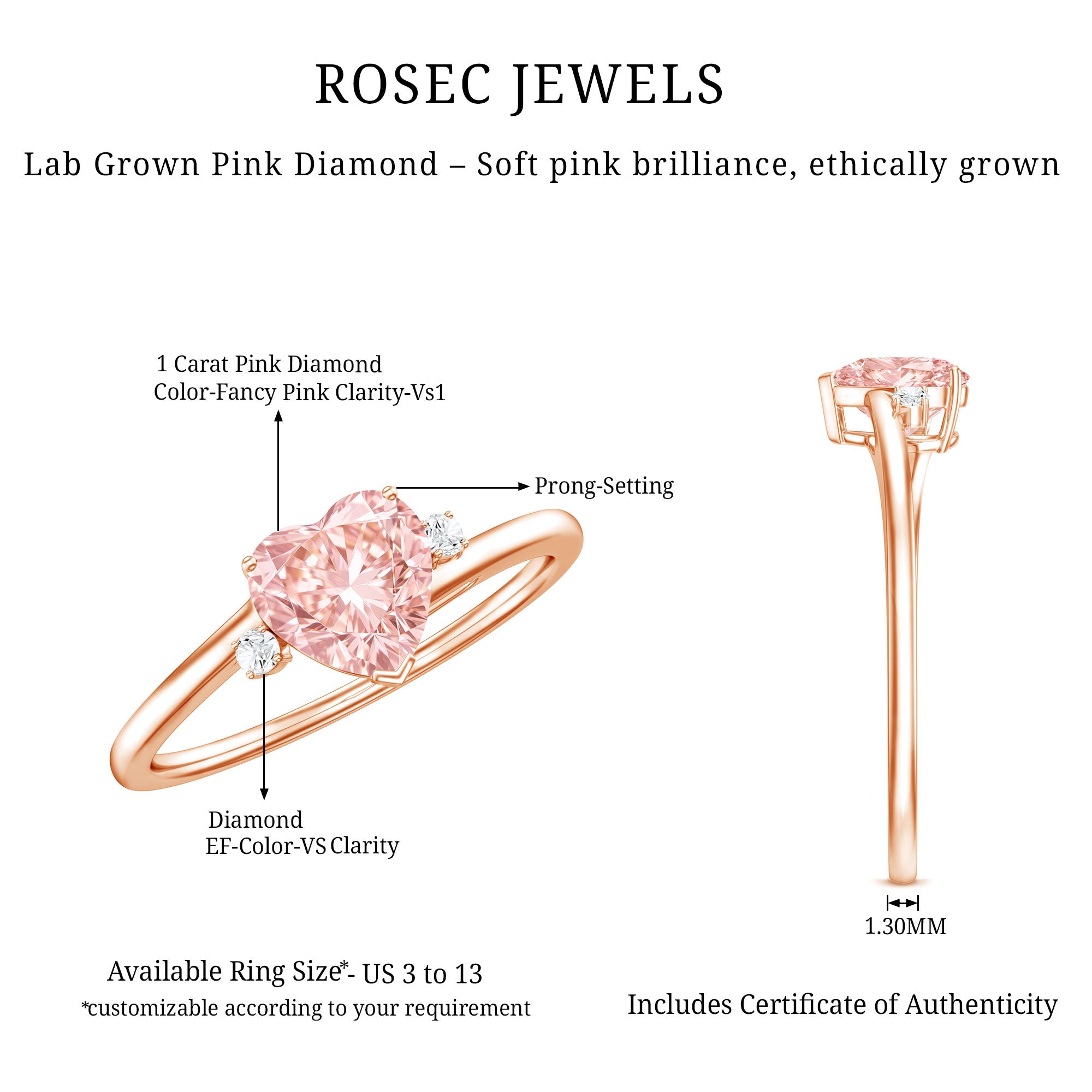 IGI Certified 1 CT Lab Grown Pink Diamond Heart Promise Ring Fancy Pink - VS1 - Rosec Jewels