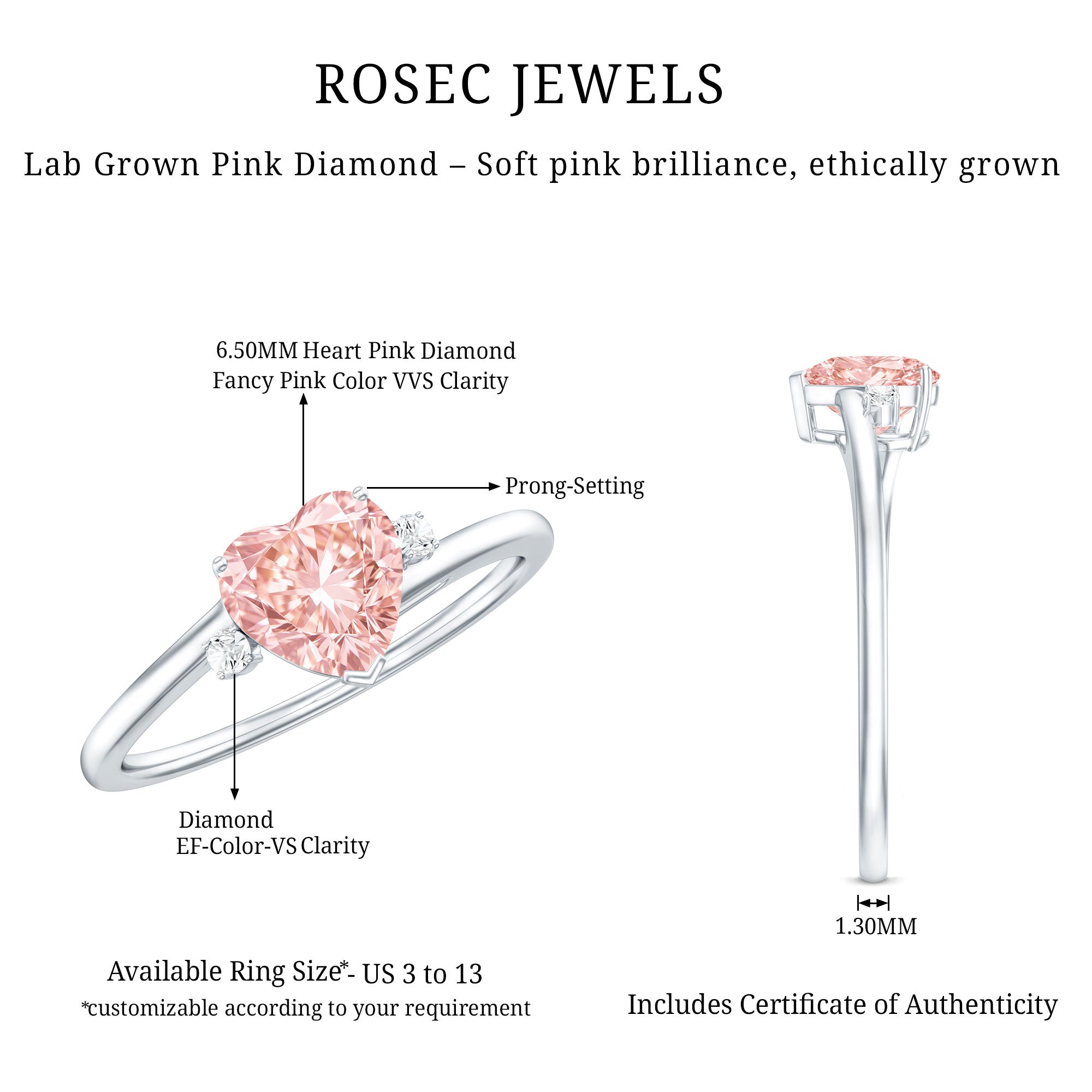 IGI Certified 1 CT Lab Grown Pink Diamond Heart Promise Ring VVS - Rosec Jewels