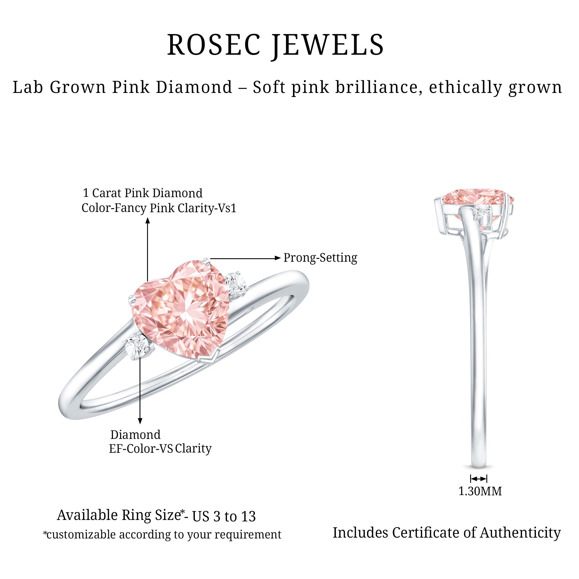 IGI Certified 1 CT Lab Grown Pink Diamond Heart Promise Ring Fancy Pink - VS1 - Rosec Jewels