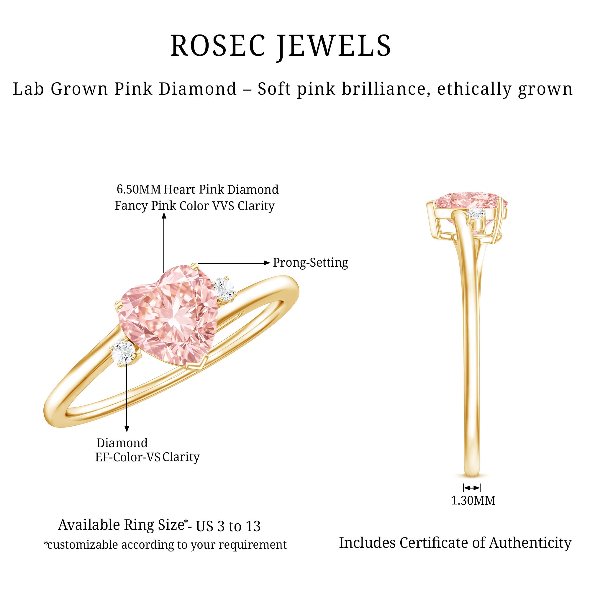 IGI Certified 1 CT Lab Grown Pink Diamond Heart Promise Ring E-VS1 - Rosec Jewels