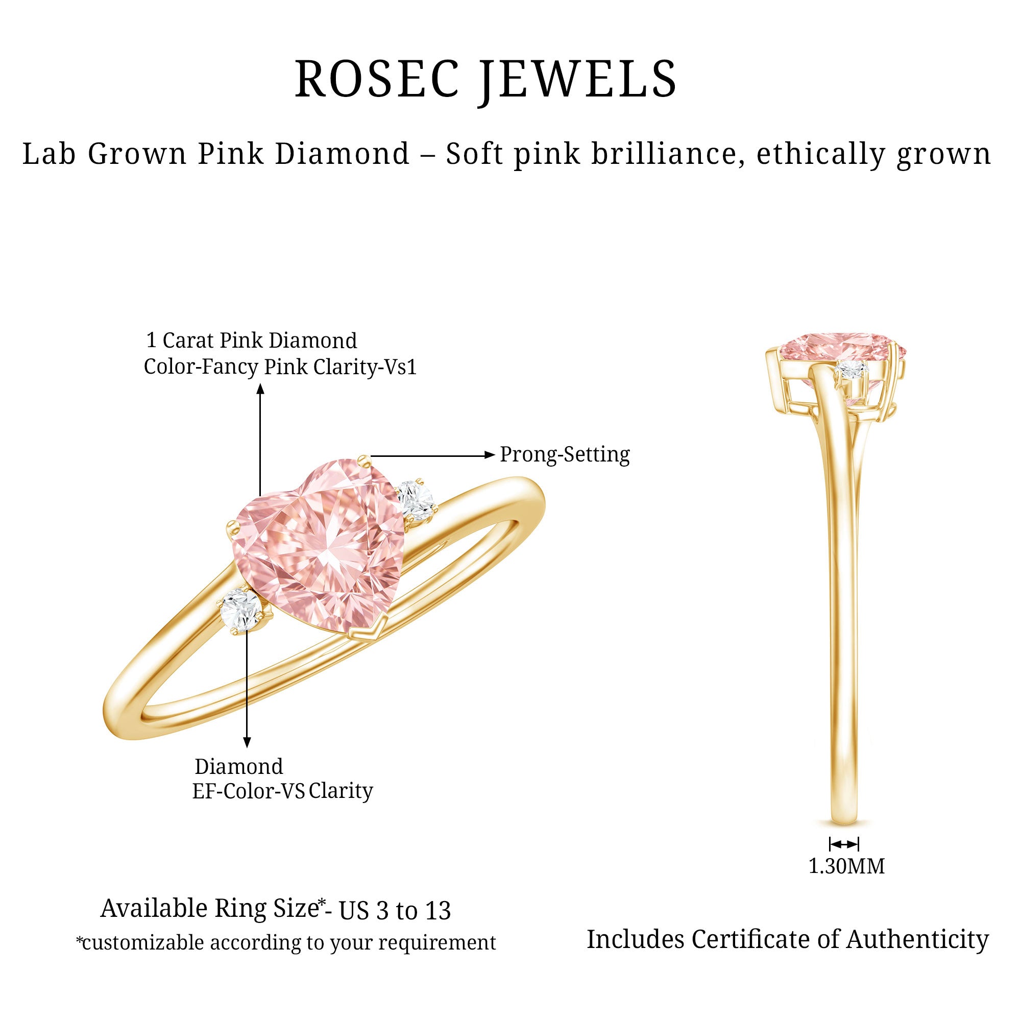 IGI Certified 1 CT Lab Grown Pink Diamond Heart Promise Ring Fancy Pink - VS1 - Rosec Jewels