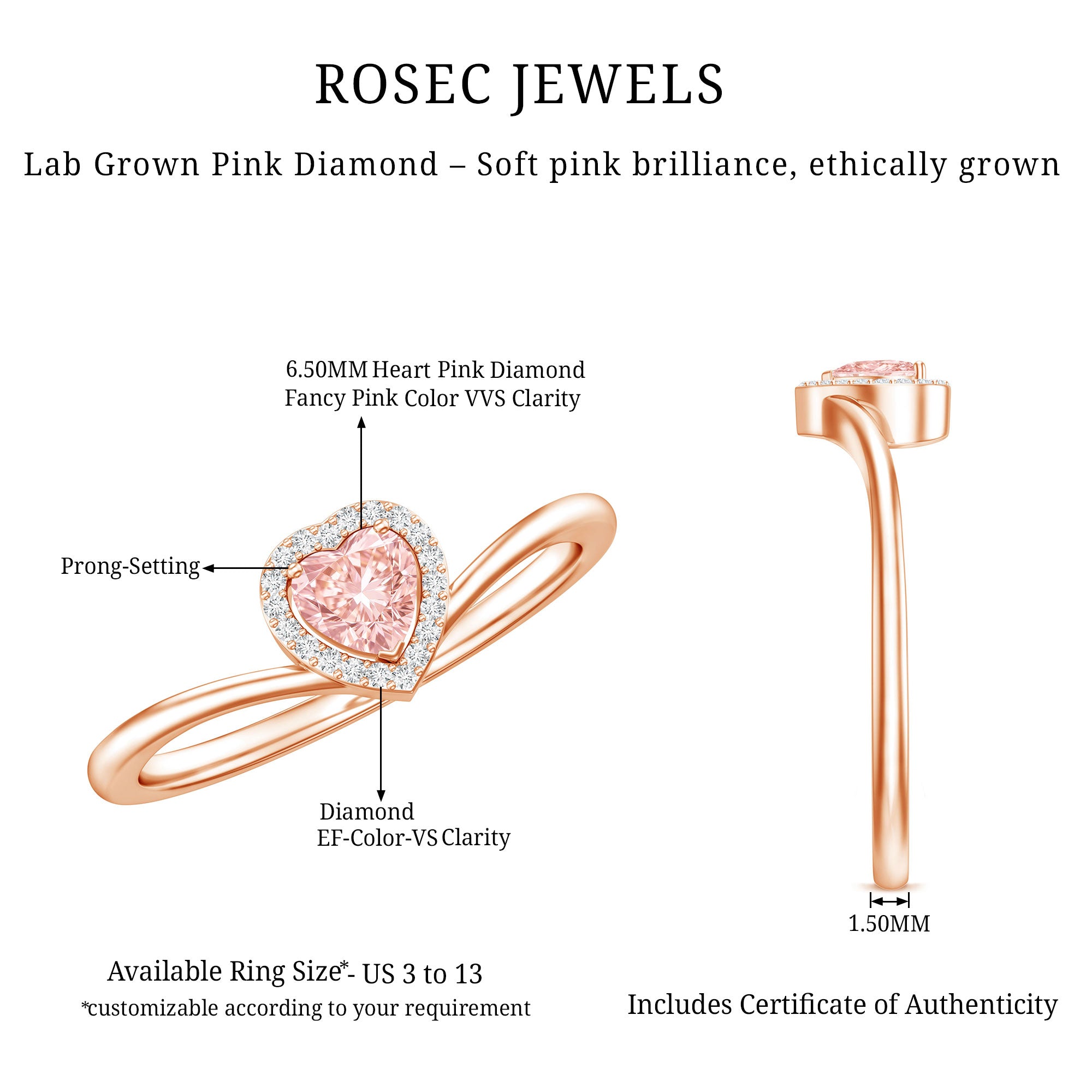 IGI Certified Lab Grown Pink Diamond Heart Promise Ring with Halo Fancy Pink - VS1 - Rosec Jewels