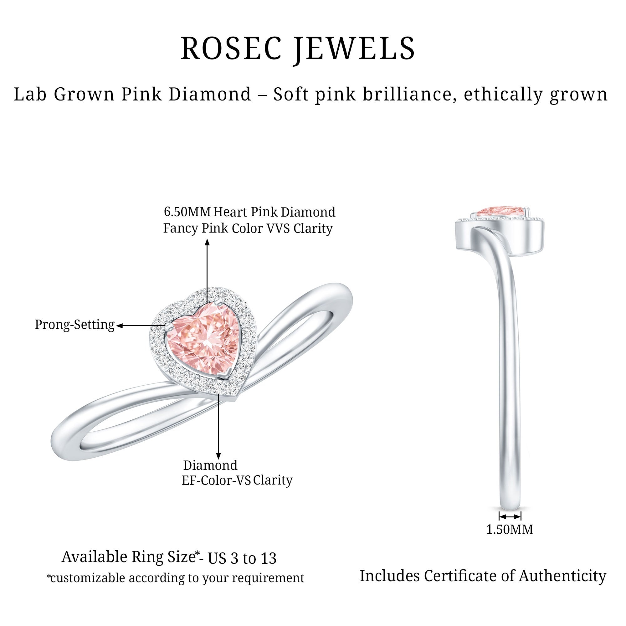IGI Certified Lab Grown Pink Diamond Heart Promise Ring with Halo E-VS1 - Rosec Jewels