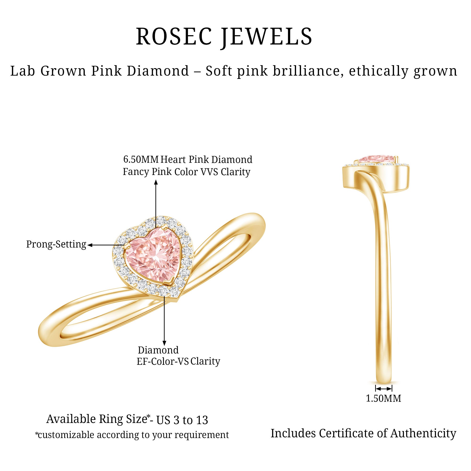 IGI Certified Lab Grown Pink Diamond Heart Promise Ring with Halo Fancy Pink - VS1 - Rosec Jewels