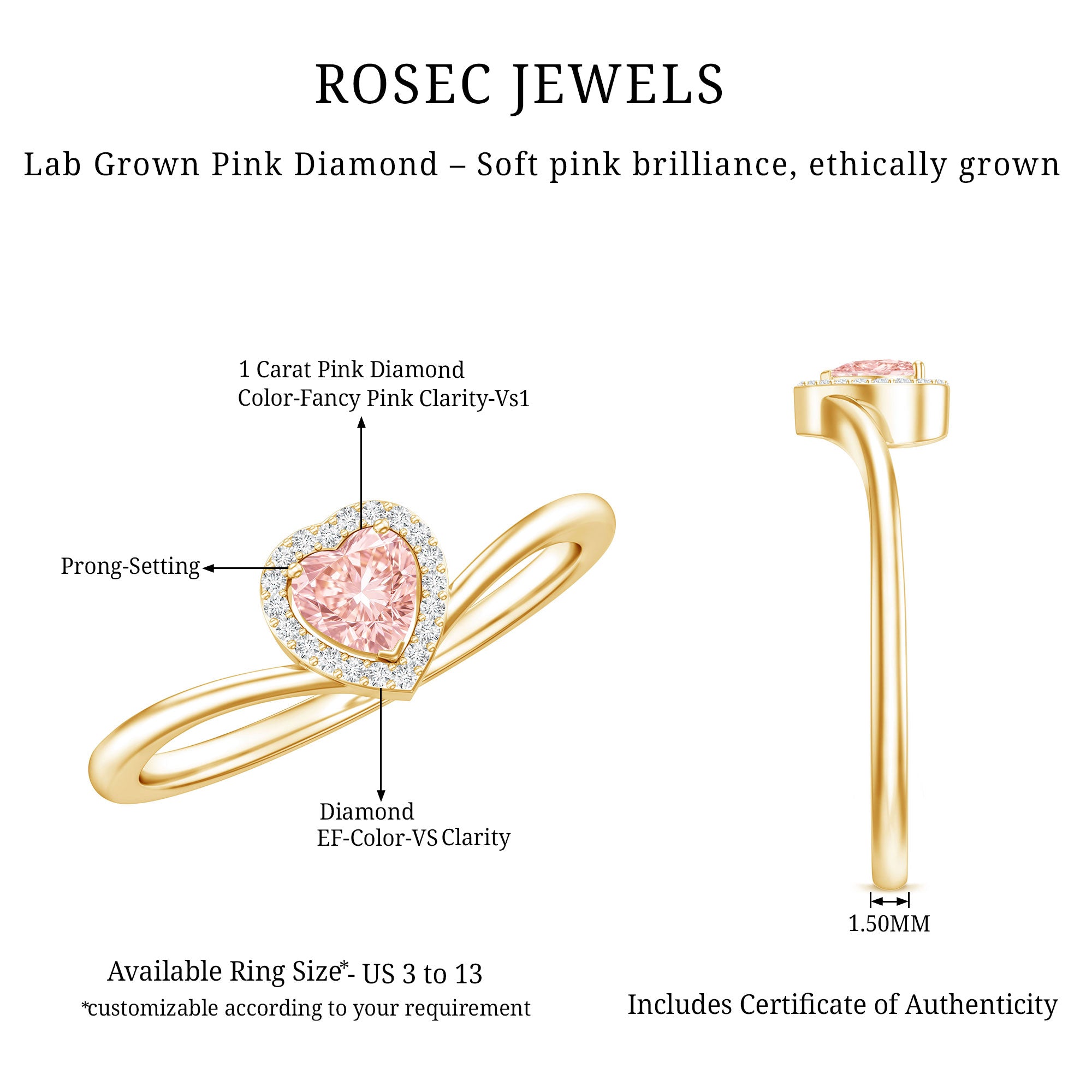 IGI Certified Lab Grown Pink Diamond Heart Promise Ring with Halo Fancy Pink - VS1 - Rosec Jewels