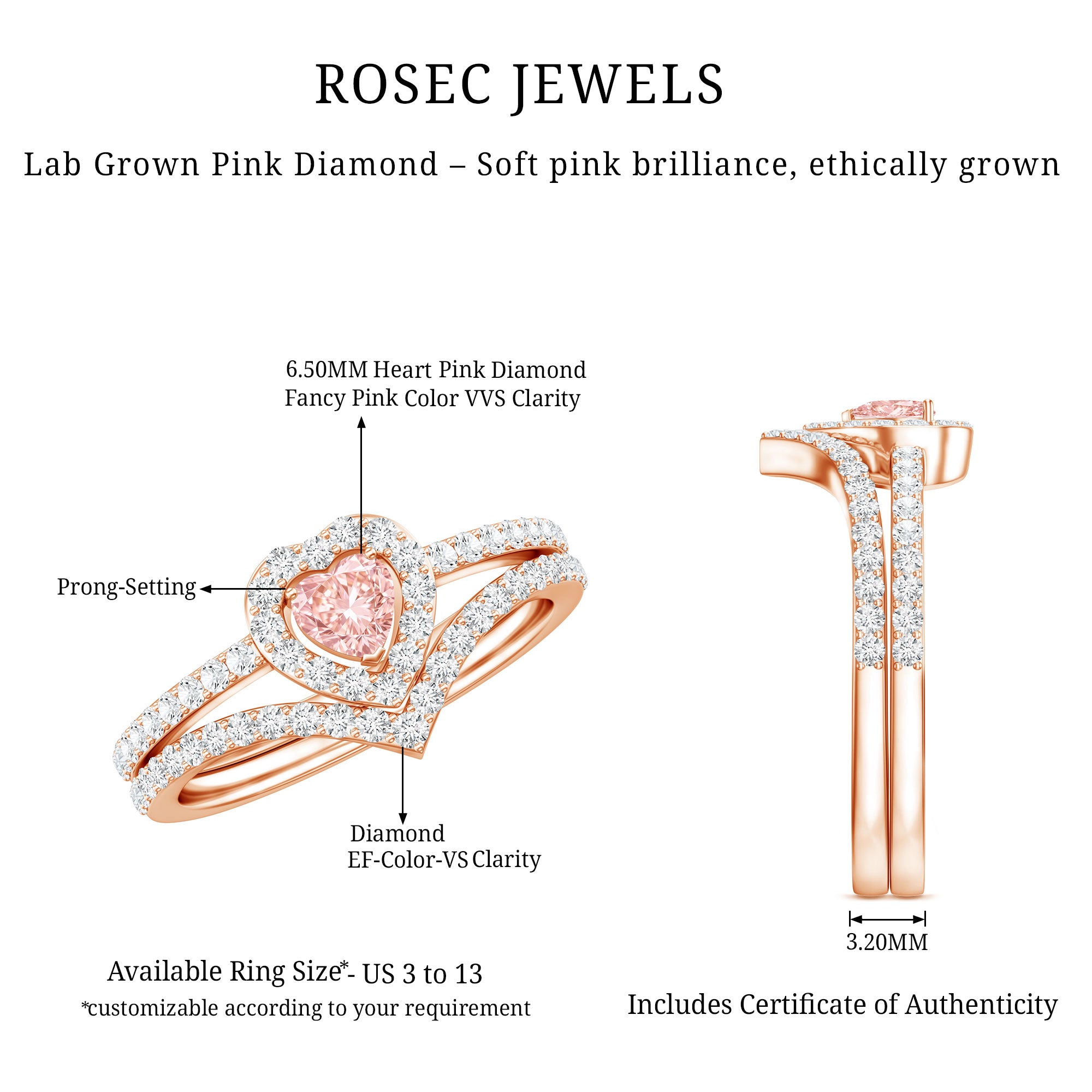 Heart Shape Lab Grown Pink and White Diamond Wedding Ring Set with IGI Certificate E-VS1 - Rosec Jewels